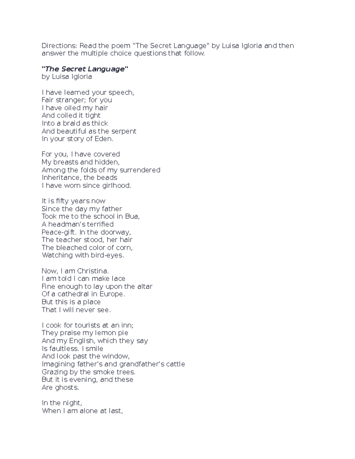 D9 The Secret Language Test - Directions: Read the poem 