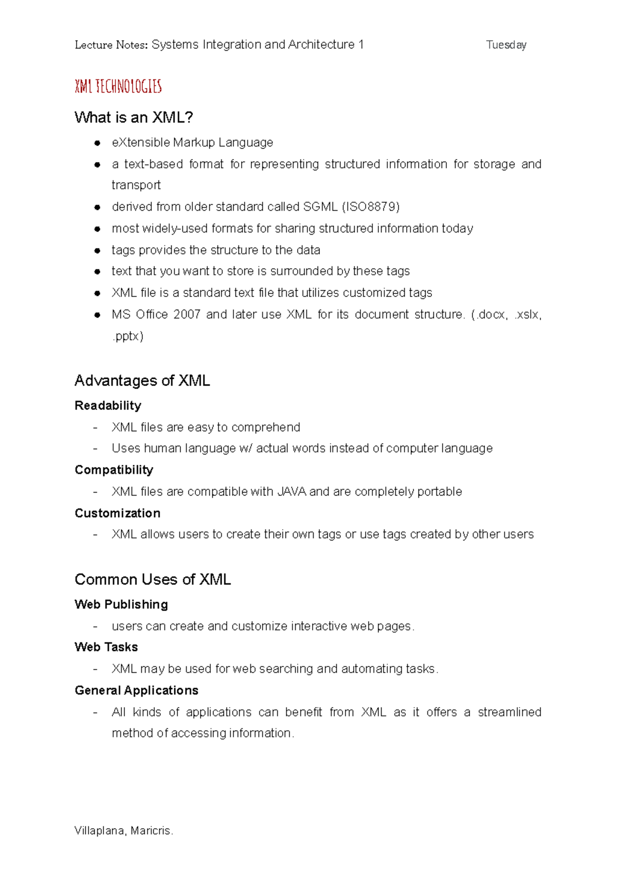 XML Technologies(Week11 Lecture Notes) - Lecture Notes: Systems ...