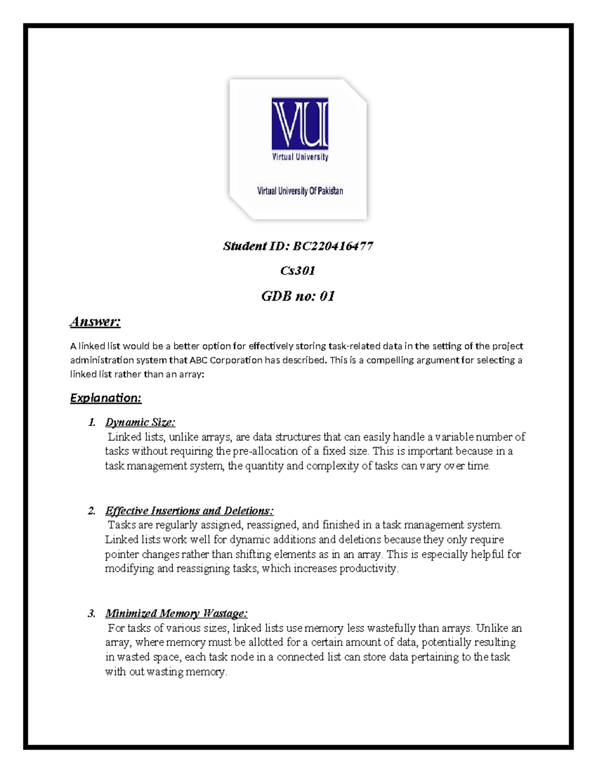 Cs301 gdb - Graded discussion board - Student ID: BC Cs GDB no: 01 ...