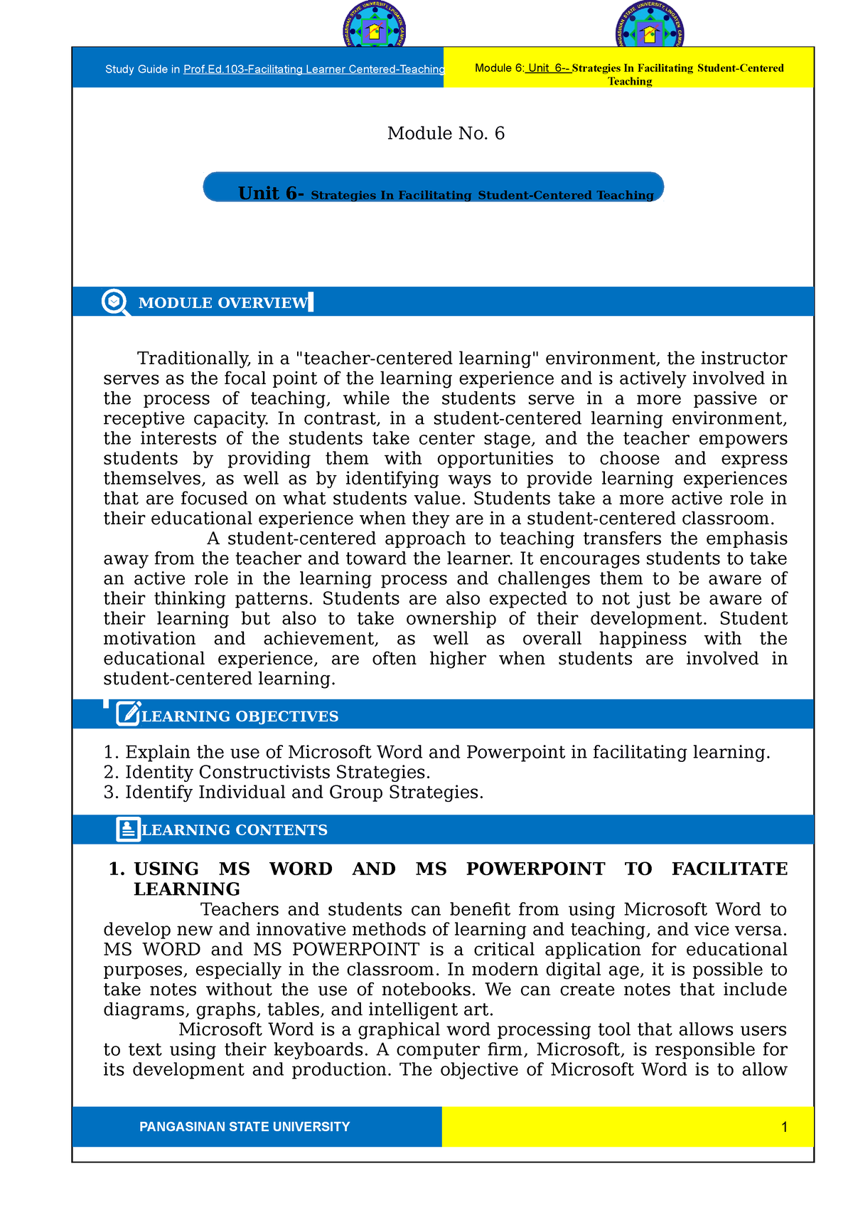 Module 6 Faci 1 - FACILITATING CENTERED TEACHING - Module No. 6 Unit 6 ...