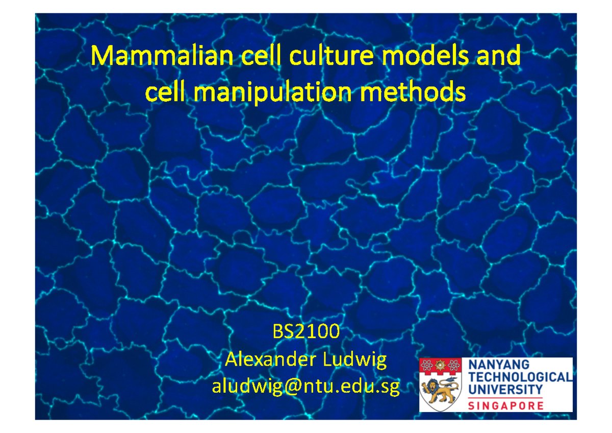 Week1 Lecture Mammalian cell culture models and cell manipulation