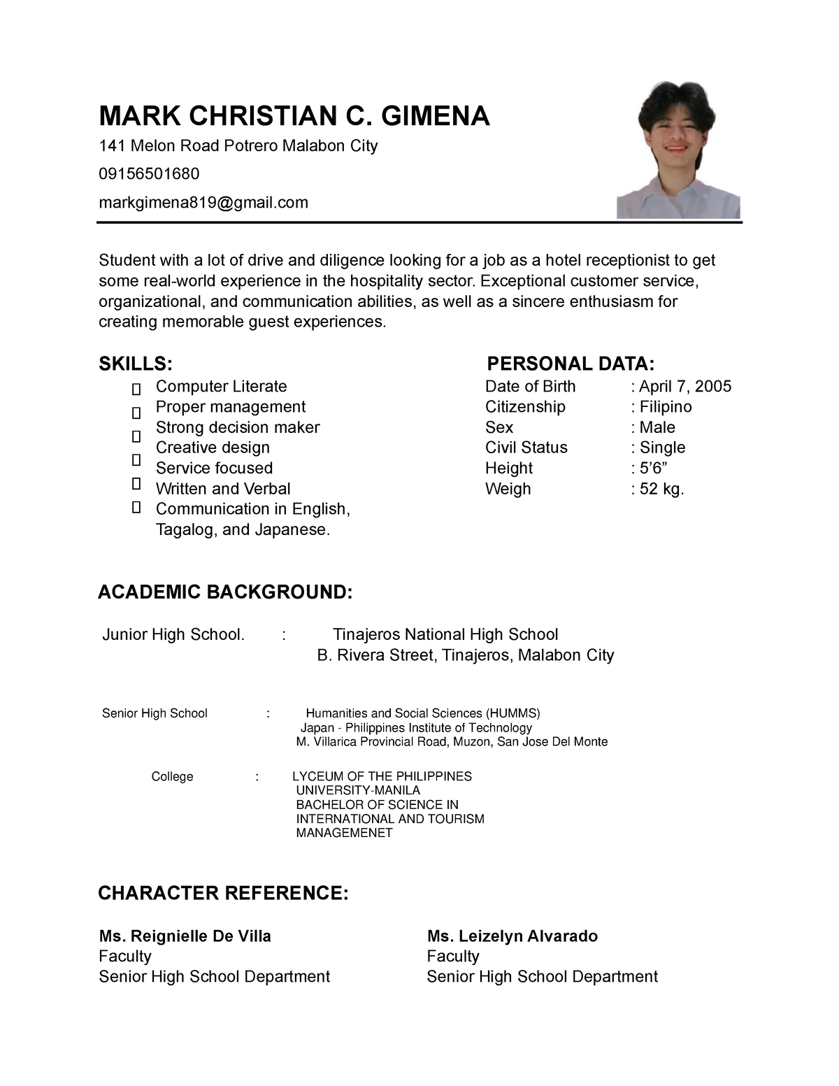 Resume-ni-mark - Hsh - Student with a lot of drive and diligence ...