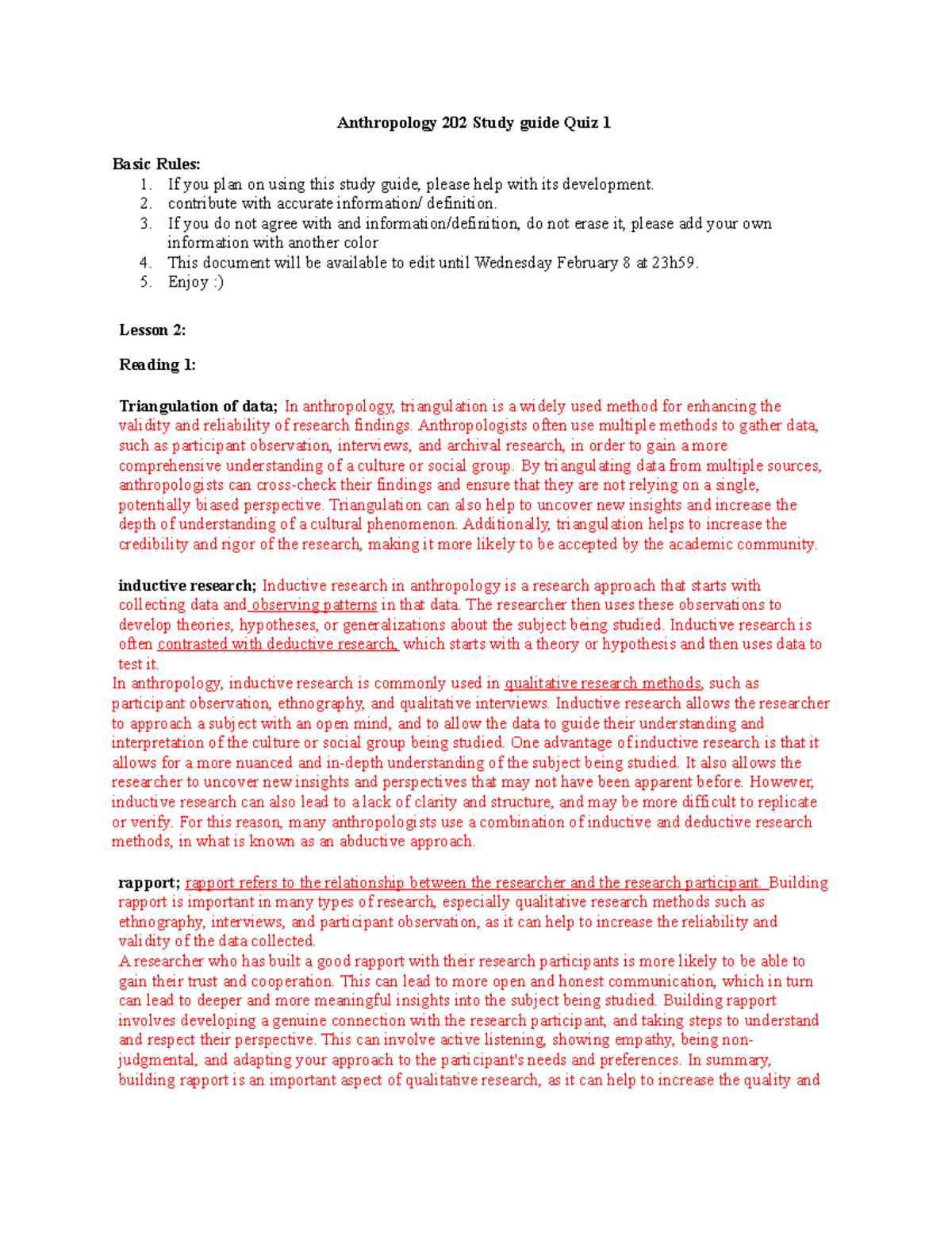 Exam 1 Study Guide - Anthropology 202 Study Guide Quiz 1 Basic Rules: 1 ...