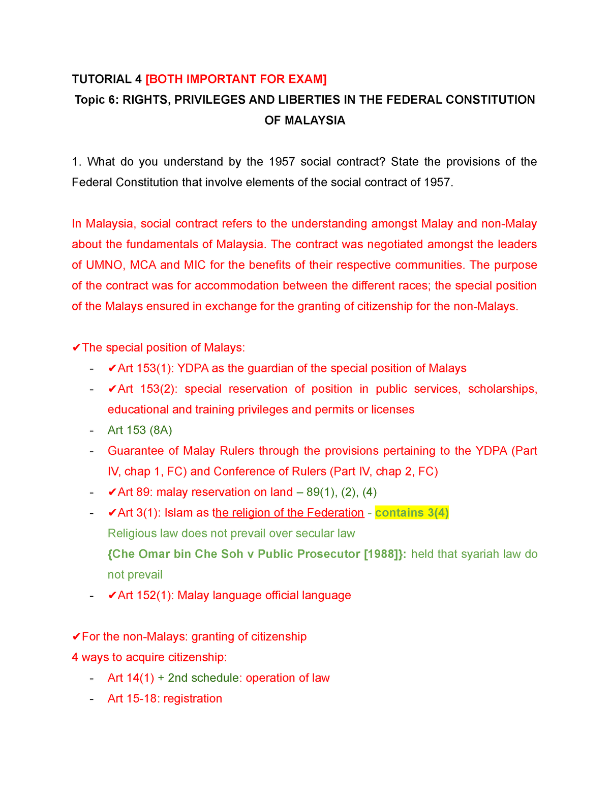 Tutorial 4 - The Federal Constitution Of Malaysia (Malay: Perlembagaan ...