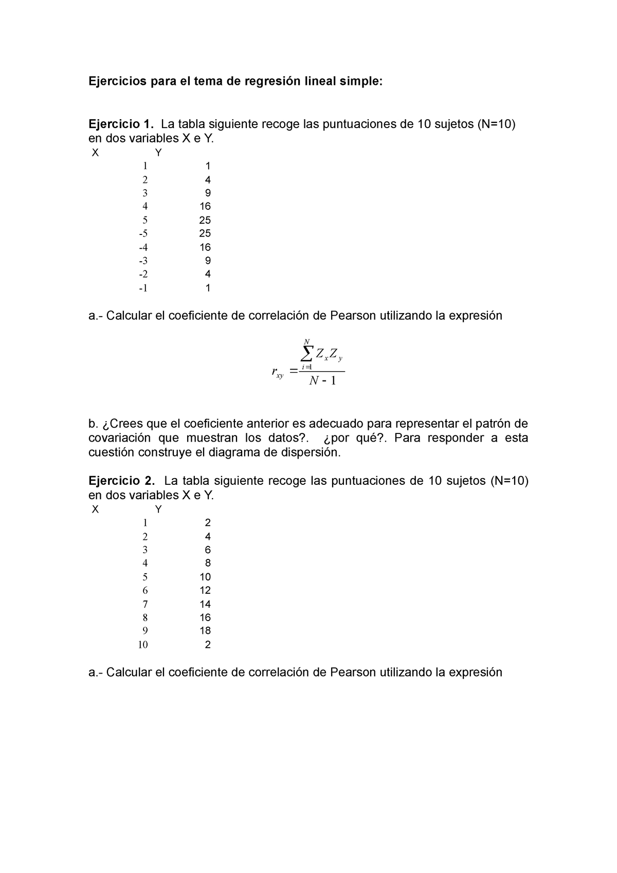 Ejercicios Regresion Simple Ejercicios Para El Tema De Regresión Lineal Simple Ejercicio 1 4546