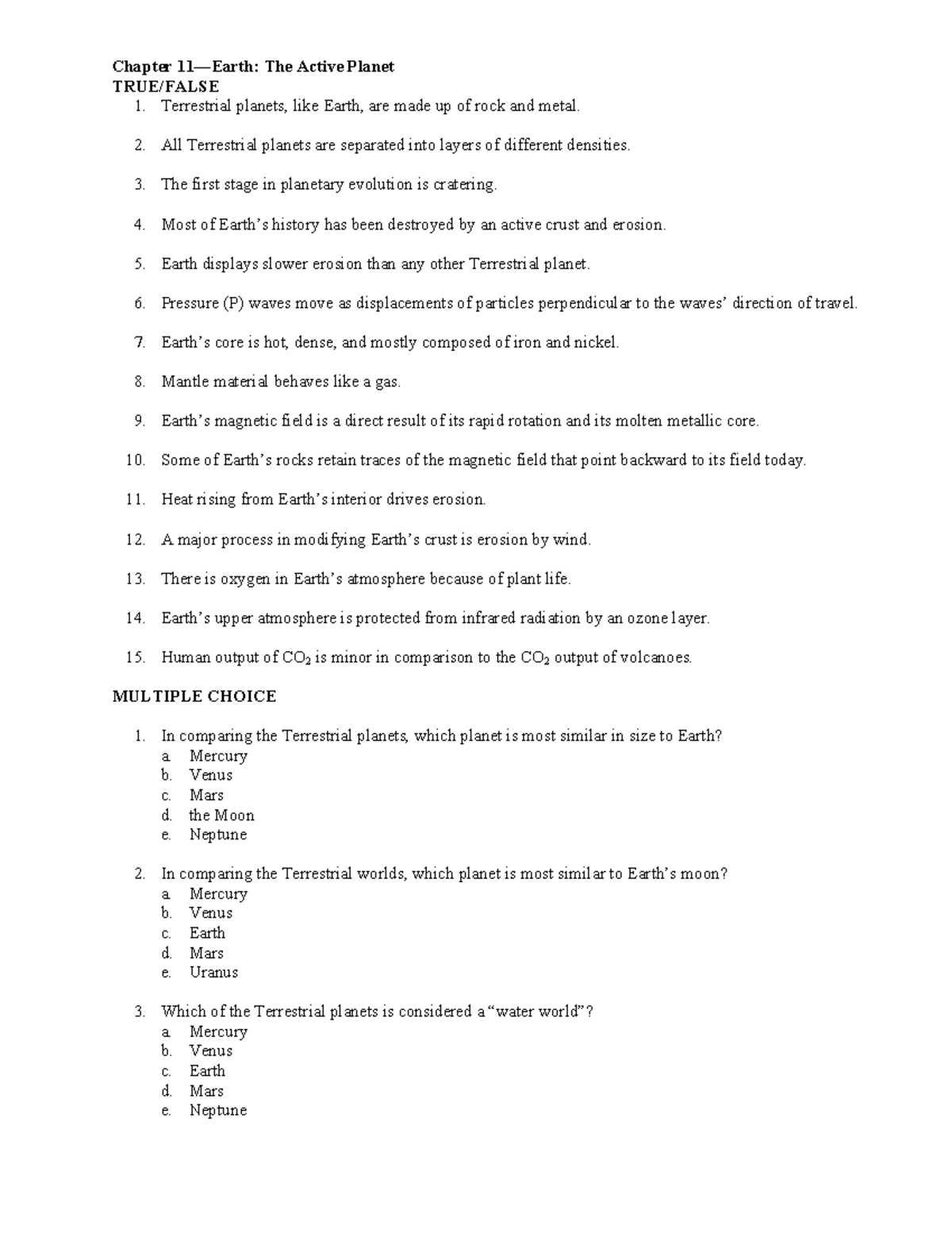 Chapter 11 - Earth The Active Planet – Sample Test Questions - Chapter ...