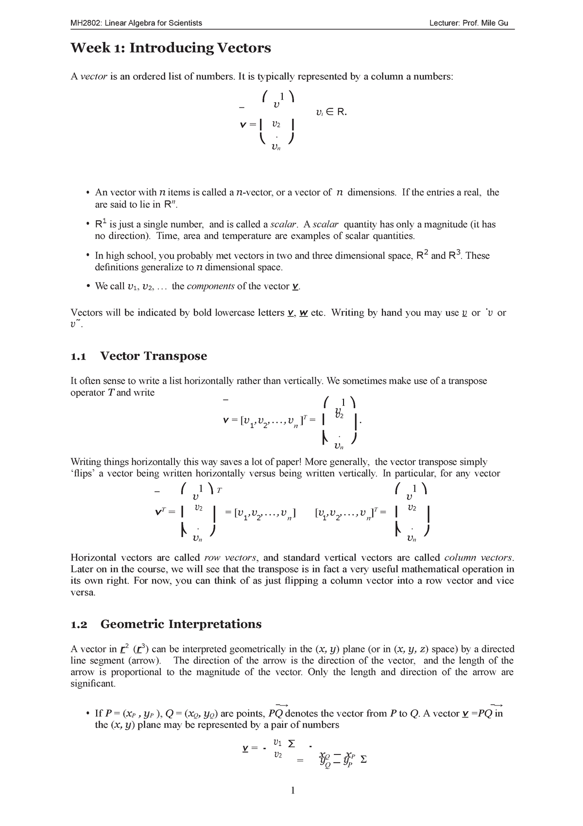 Wk 1 Introducing Vectors-converted - MH2802: Linear Algebra For ...