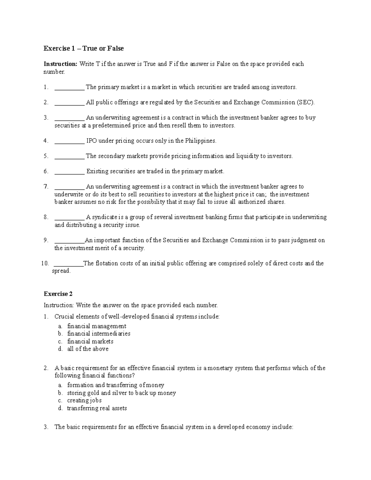 1 - Financial Market - Questions - Exercise 1 – True Or False ...