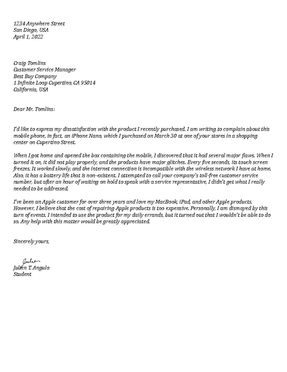 Business Letter (Angulo, J) - 1234 Anywhere Street San Diego, USA April ...