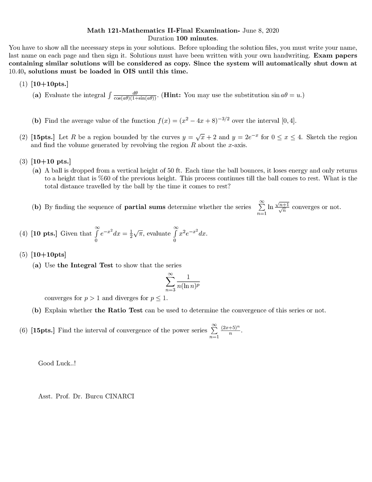 Final - Useful Document - Math 121-Mathematics II-Final Examination ...