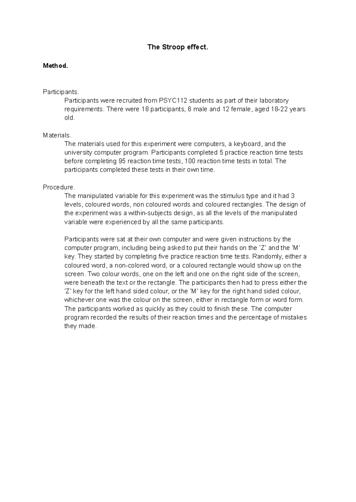 The Stroop Effect - lab report - The Stroop effect. Method ...