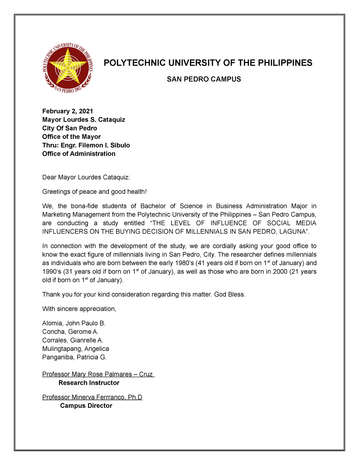 Request Letter Data Gathering Polytechnic University Of The Philippines San Pedro Campus