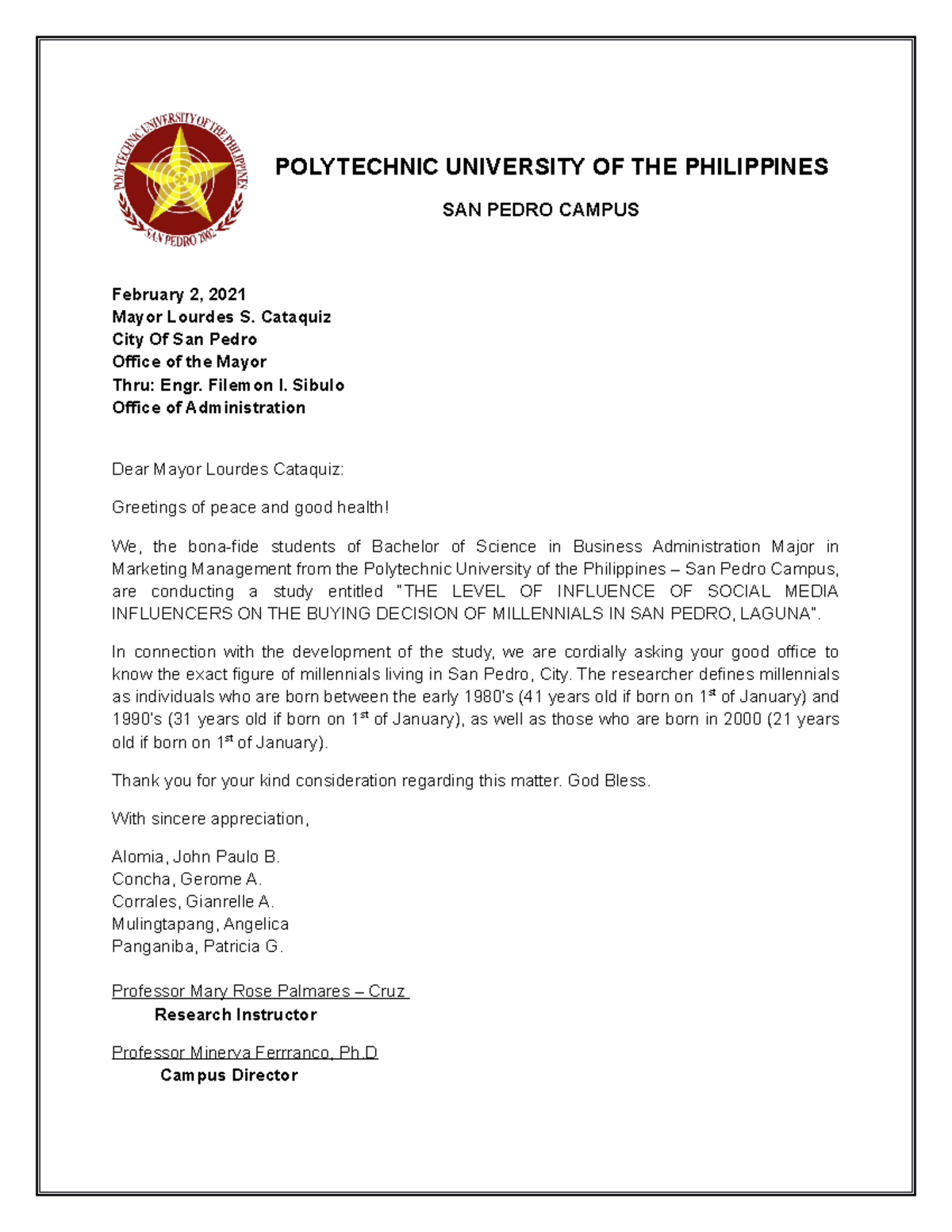 Request Letter (Data Gathering) - POLYTECHNIC UNIVERSITY OF THE