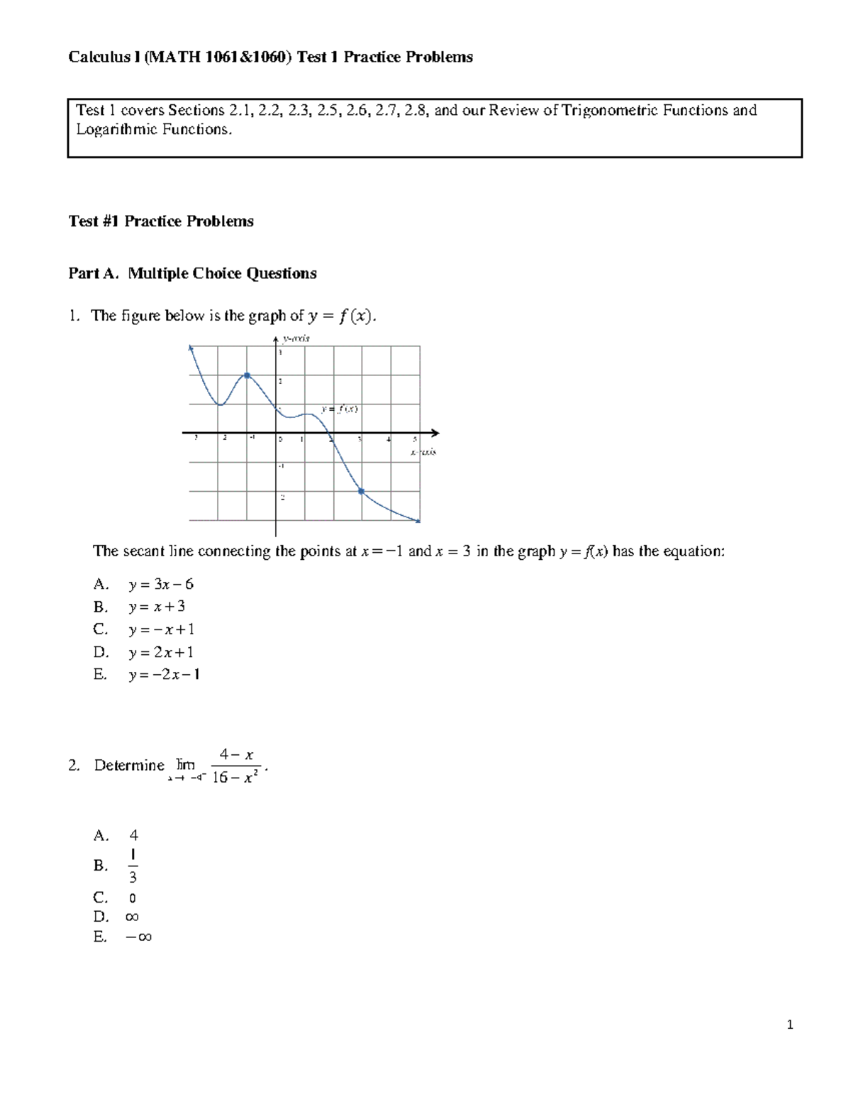 Test 1 Practice Problems-1 - Calculus I (MATH 1061&1060) Test 1 ...