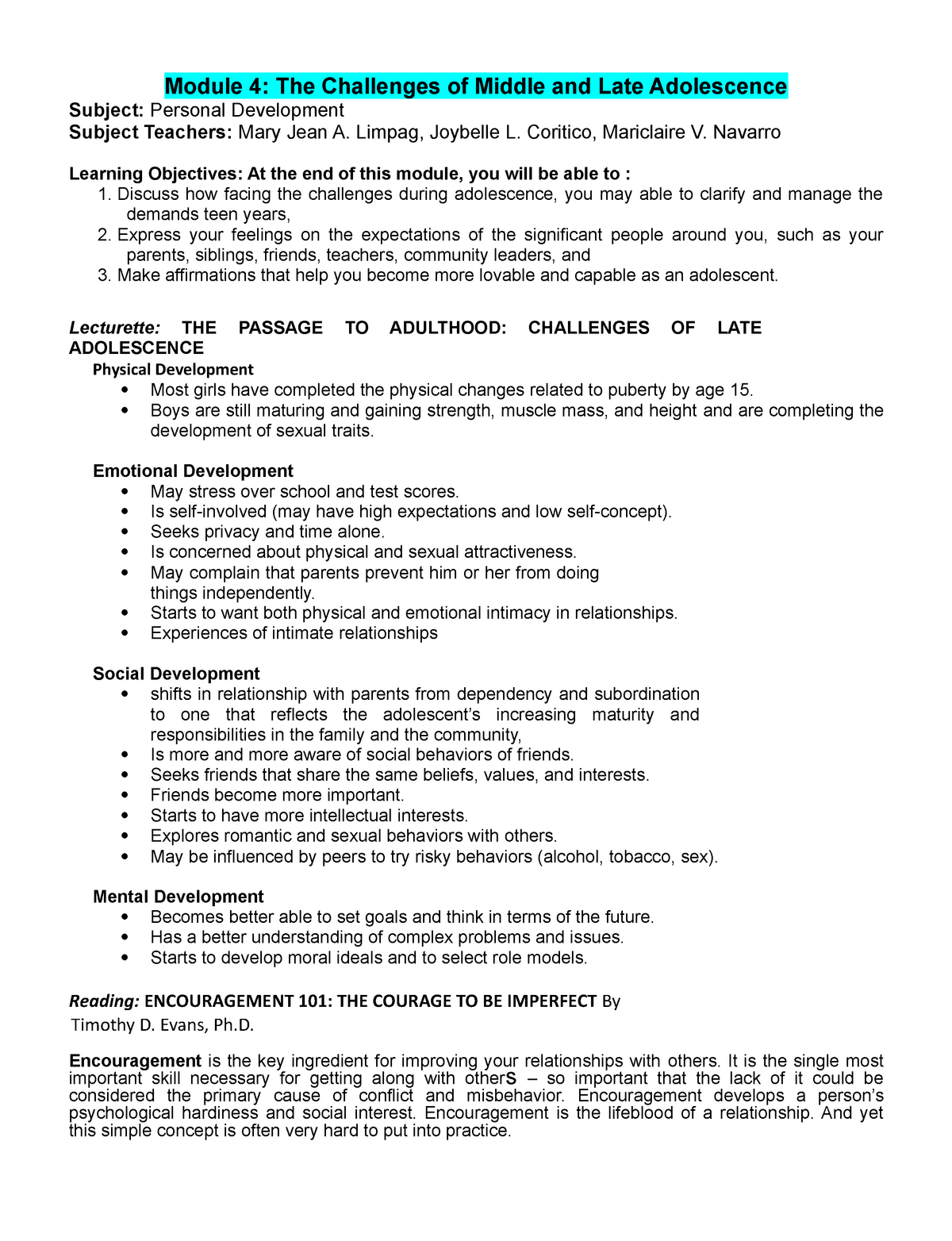 Module 4 The Challenges Of Middle And LAte Adolescence Module 4 The 