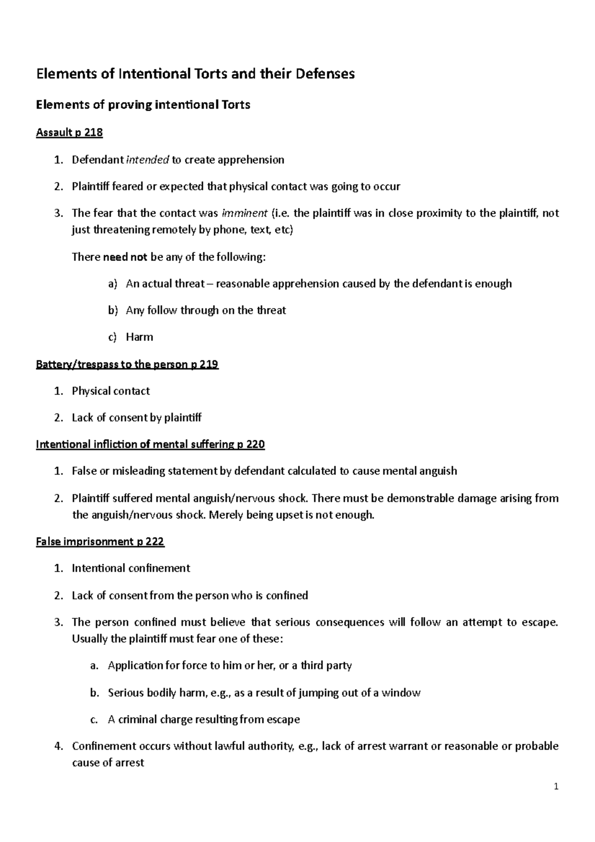 Introduction to Tort Law - Elements of Intentional Torts and their ...