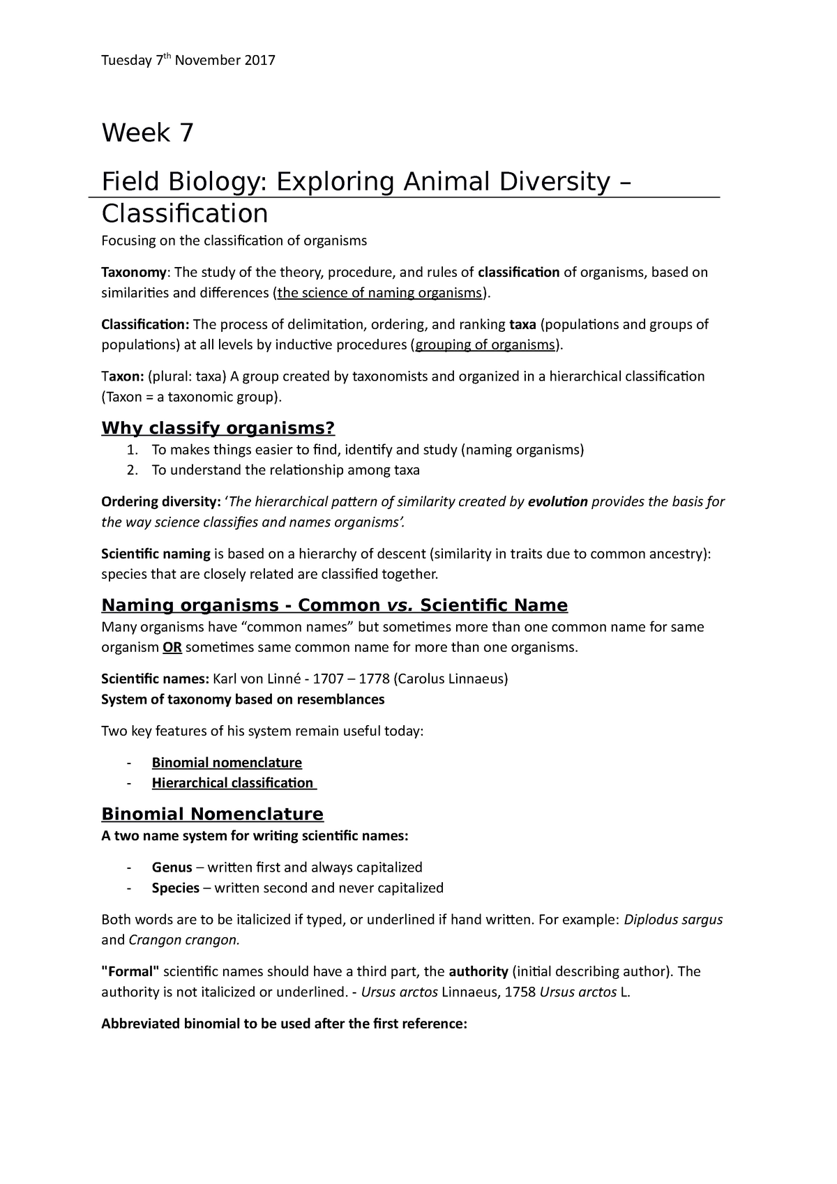 Week 7 - Animal Diversity – Classification - Week 7 Field Biology:  Exploring Animal Diversity – - Studocu