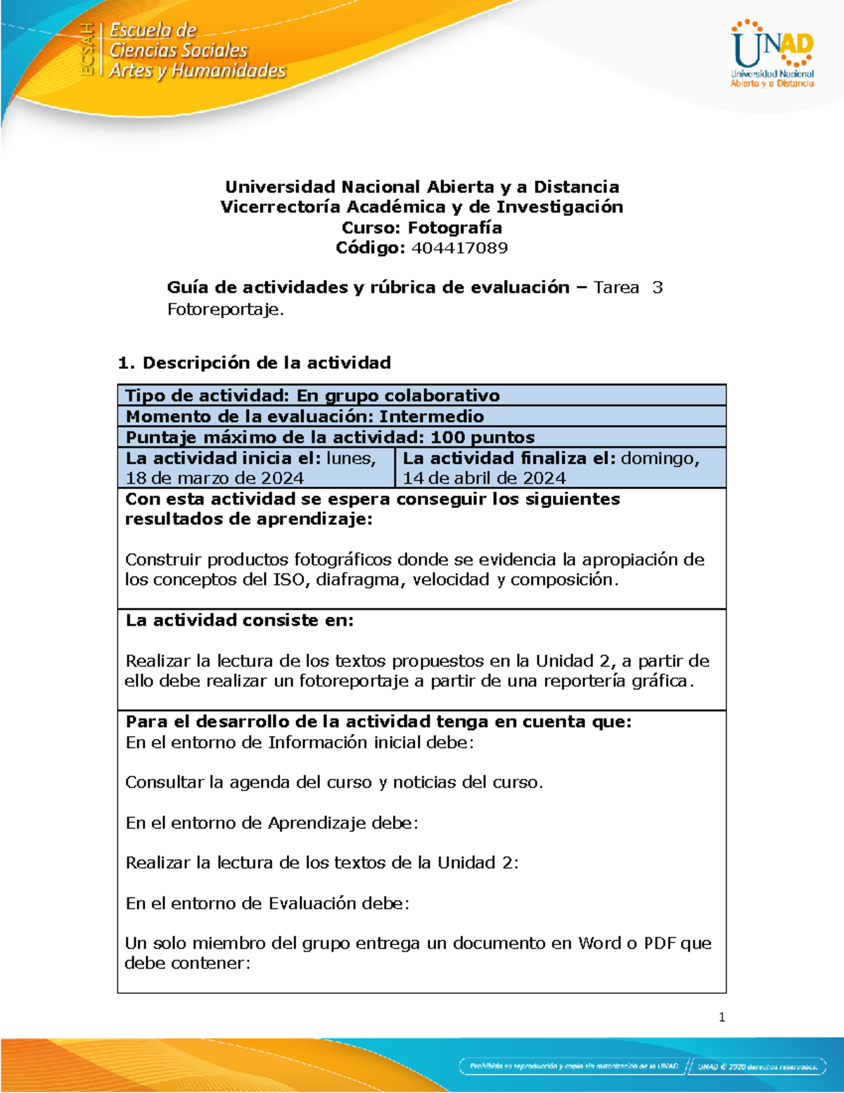 Tarea 3 - Fotoreportaje - Descripción de la actividad Tipo de actividad ...