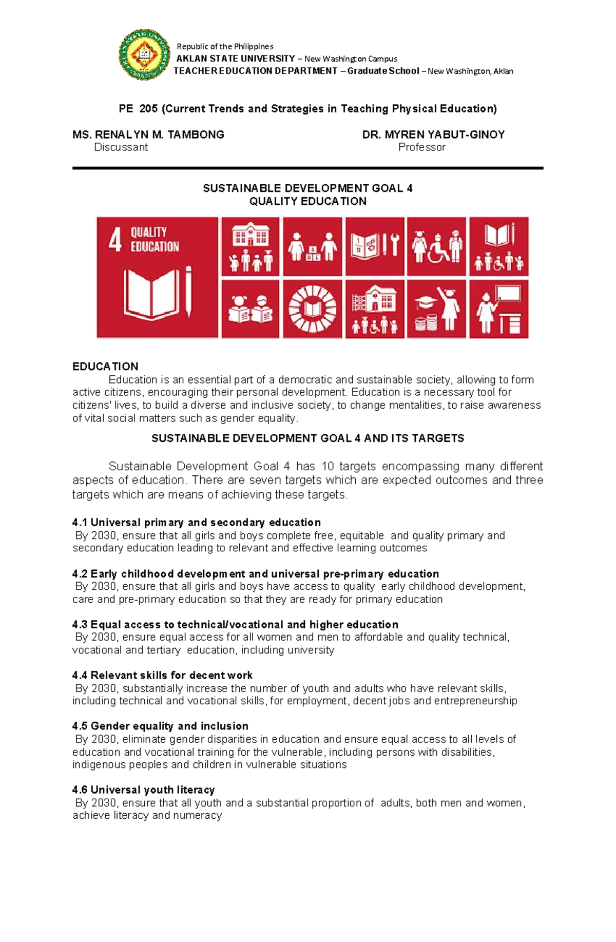 SDG 4 Quality Education - Republic of the Philippines AKLAN STATE ...