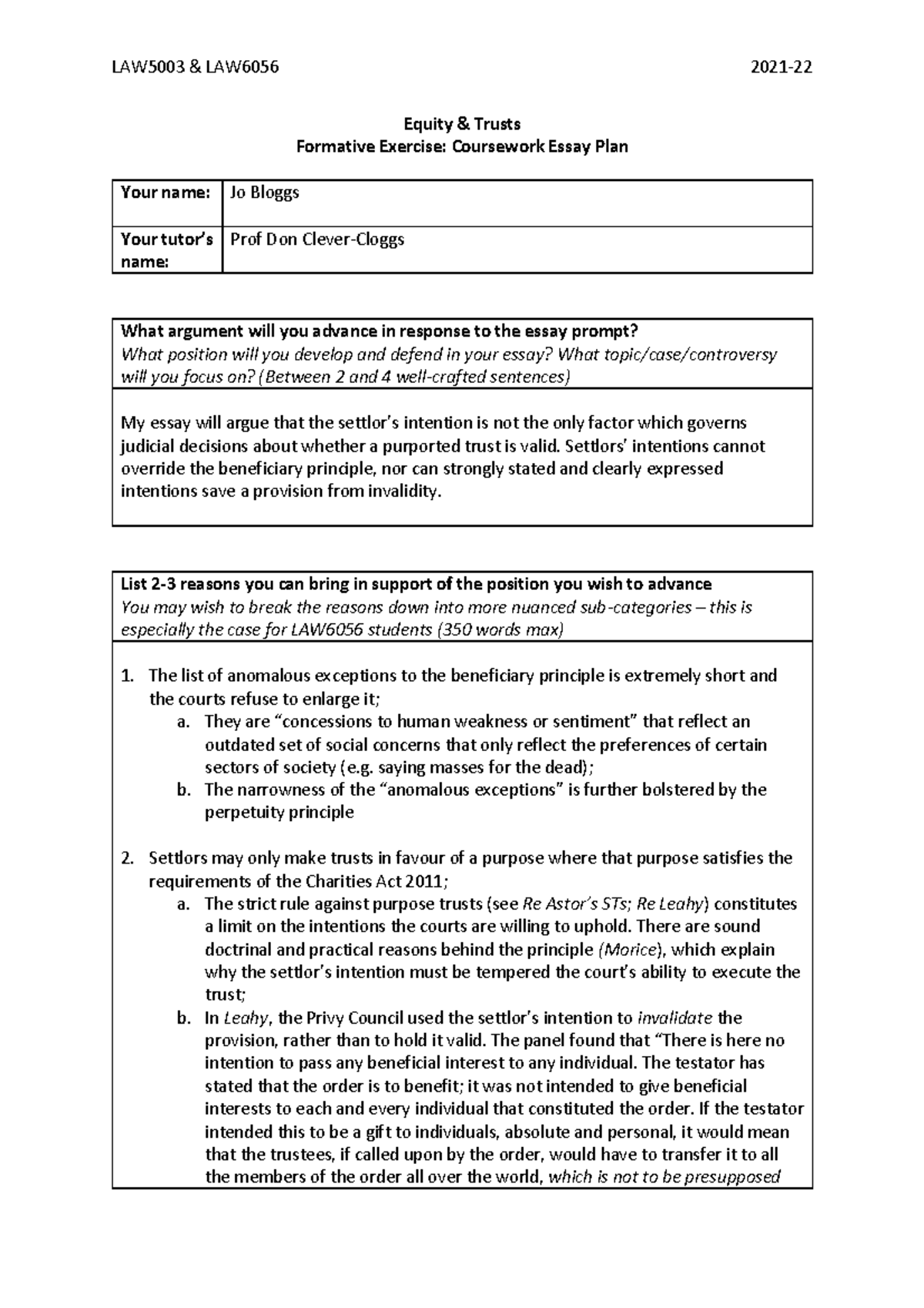 2021-22 Equity Formative Example - LAW5003 & LAW6056 2021 - Equity ...