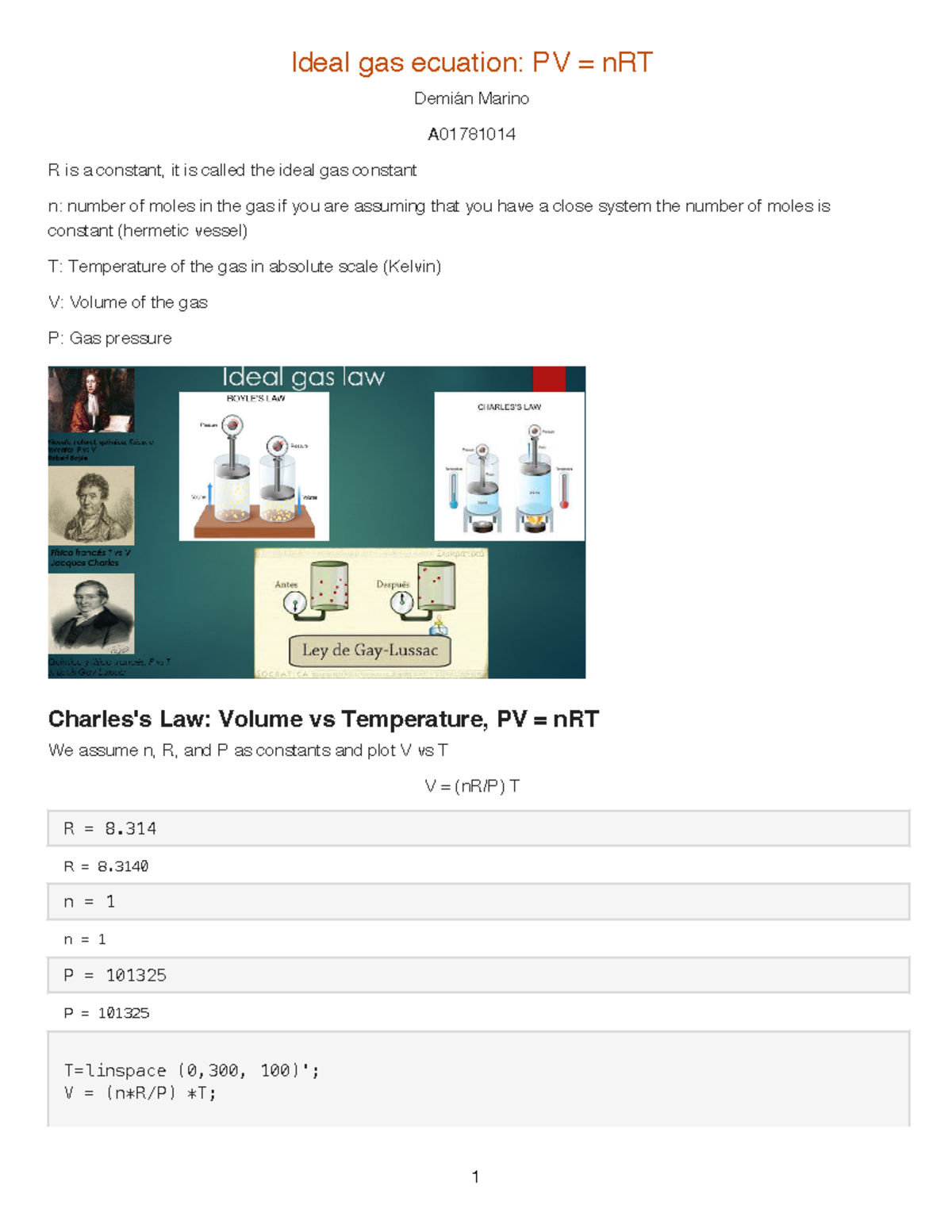Ideal Gas Plt - N/A - Ideal gas ecuation: PV = nRT Demián Marino A R is ...