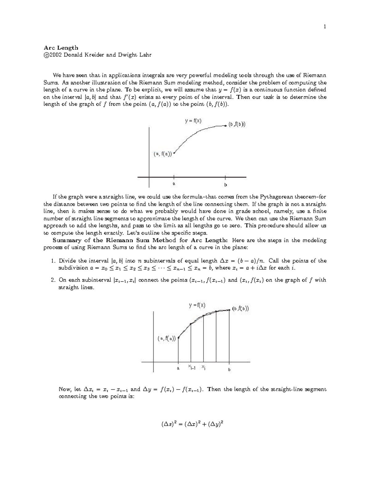 Arc Length - 1 Arc Length © c2002 Donald Kreider and Dwight Lahr We ...