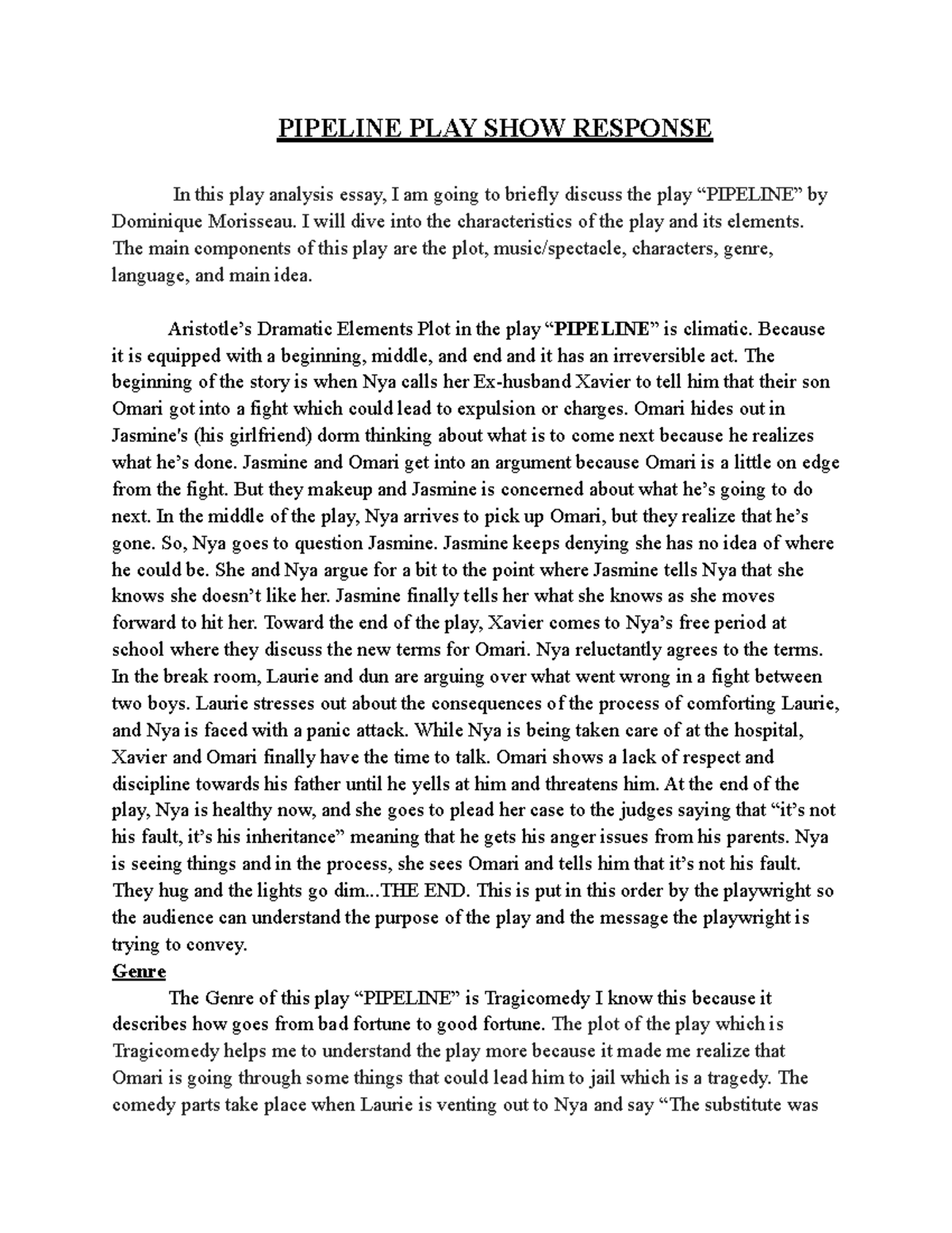 Pipeline PLAY SHOW Response PIPELINE PLAY SHOW RESPONSE In this play