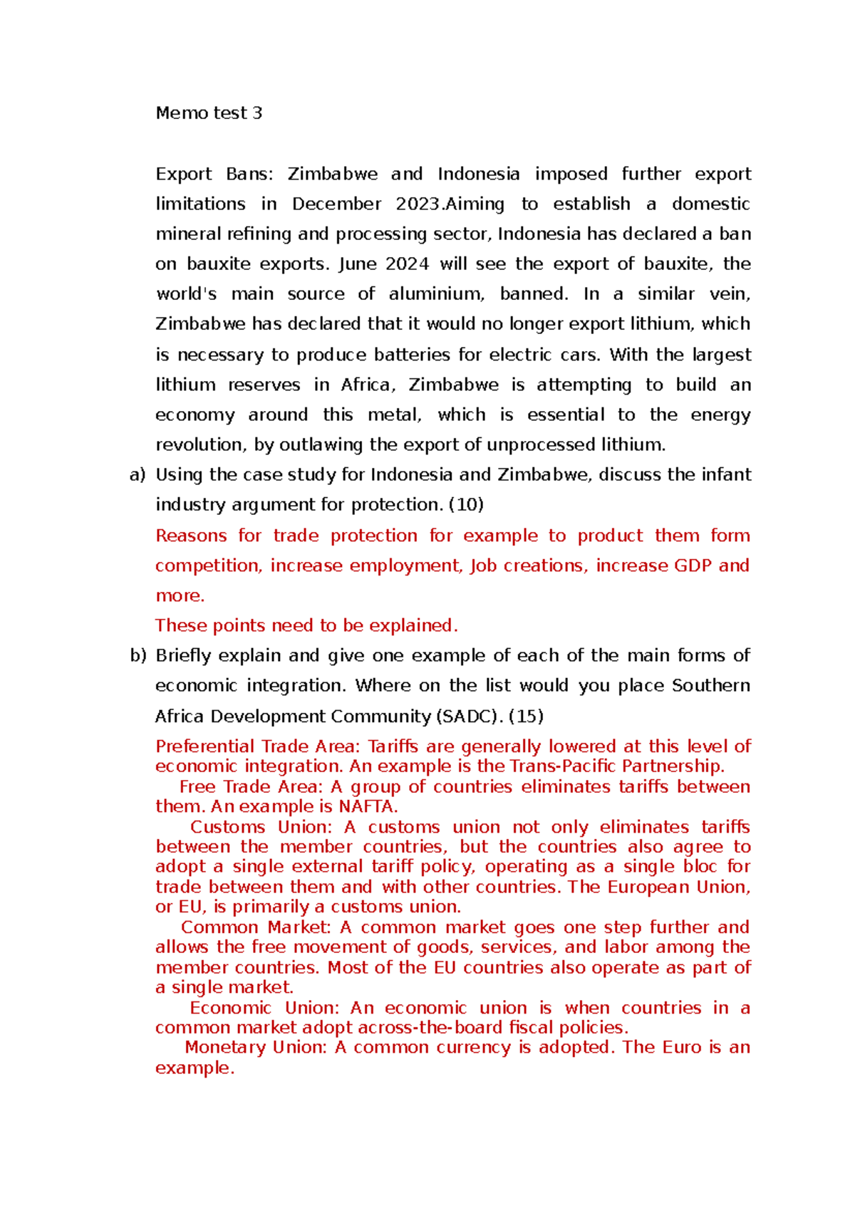 Memo test 3 - MEMO FOR TESTS - Memo test 3 Export Bans: Zimbabwe and ...