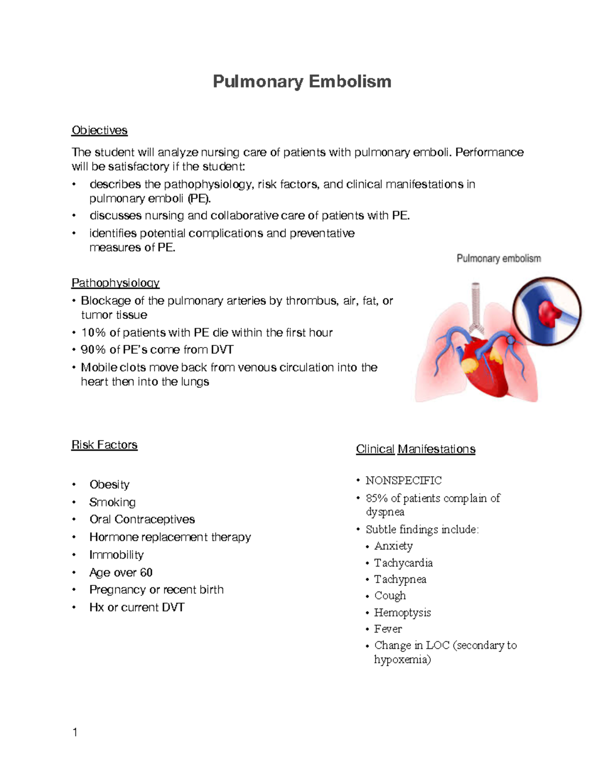 Pulmonary Embolism Notes - Pulmonary Embolism 1 Objectives The student ...