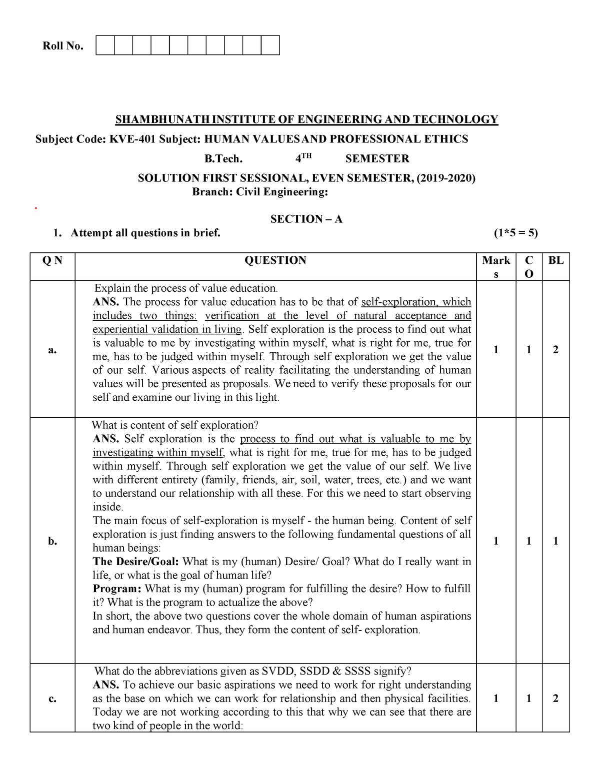 KVE401 - Notes Of Unit 1 - Roll No. Q N QUESTION Mark s C O BL a ...