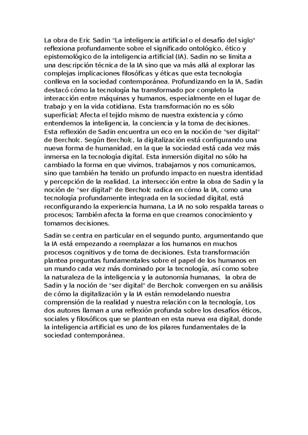 Sadin y bercholc - La obra de Eric Sadin "La inteligencia artificial o ...