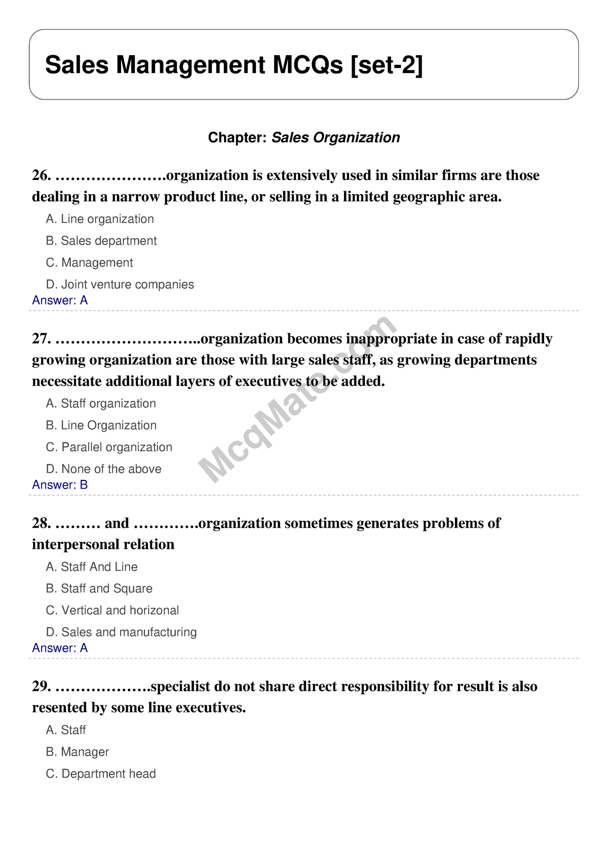 Sales Management (Chapter- Sales Organization) Solved MCQs [set-2] Mcq ...