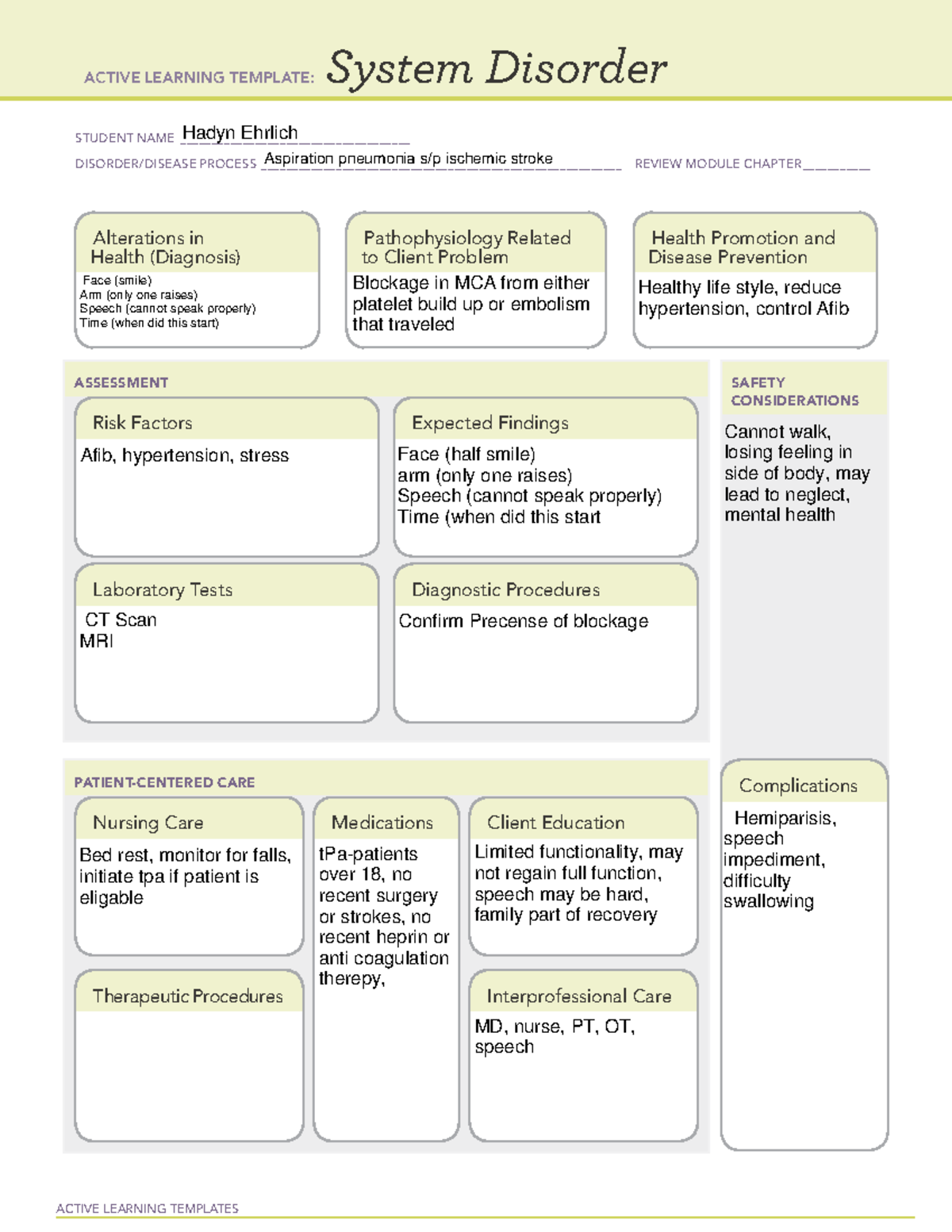 Stroke Sheet - Active Learning Templates System Disorder Student Name 