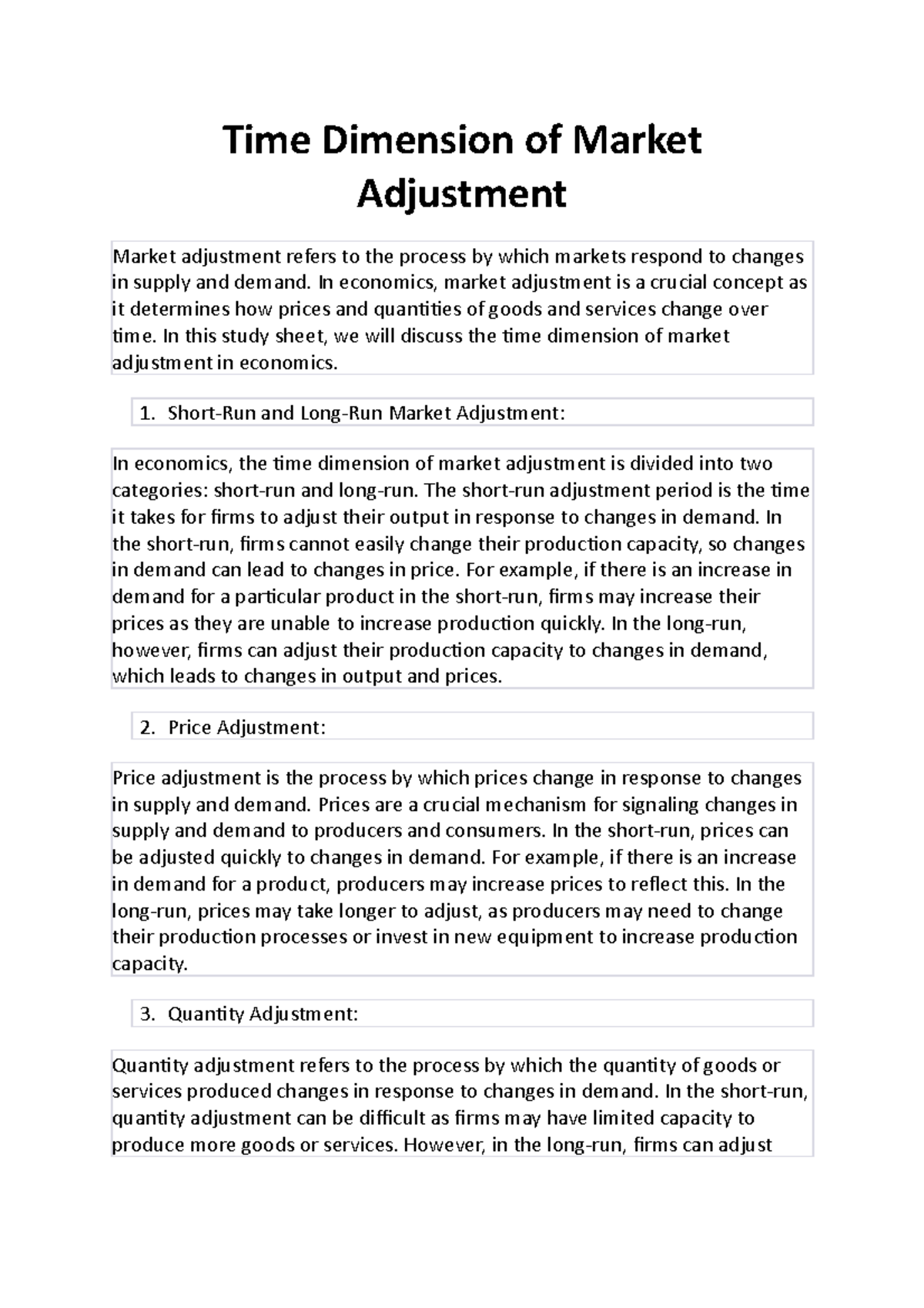 Time Dimension of Market Adjustment Time Dimension of Market