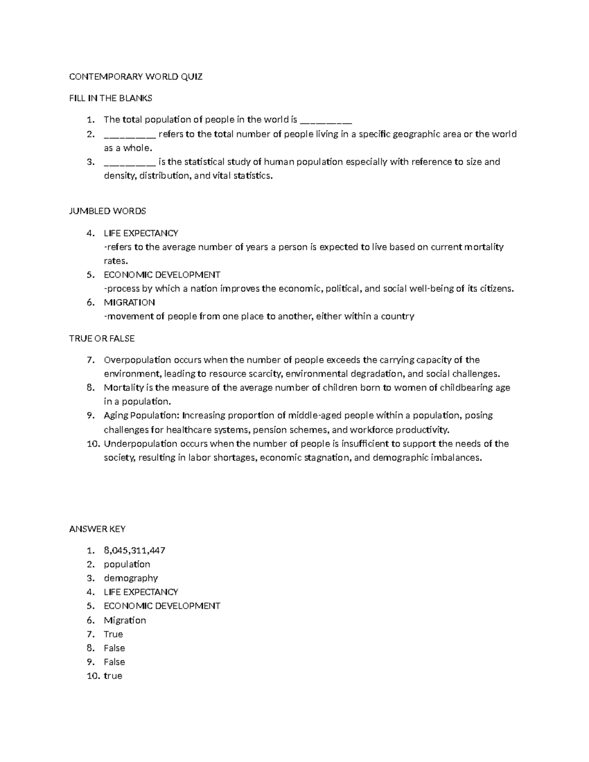 Contemporary quiz - CONTEMPORARY WORLD QUIZ FILL IN THE BLANKS The ...