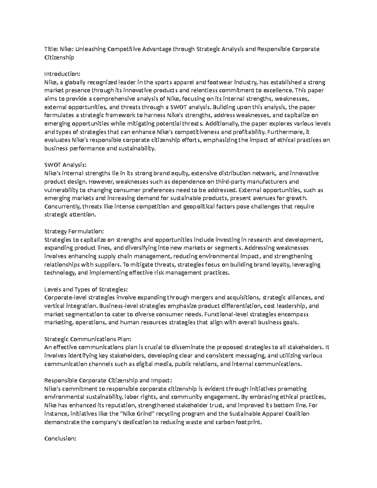 Document - home work - Title: Nike: Unleashing Competitive Advantage ...