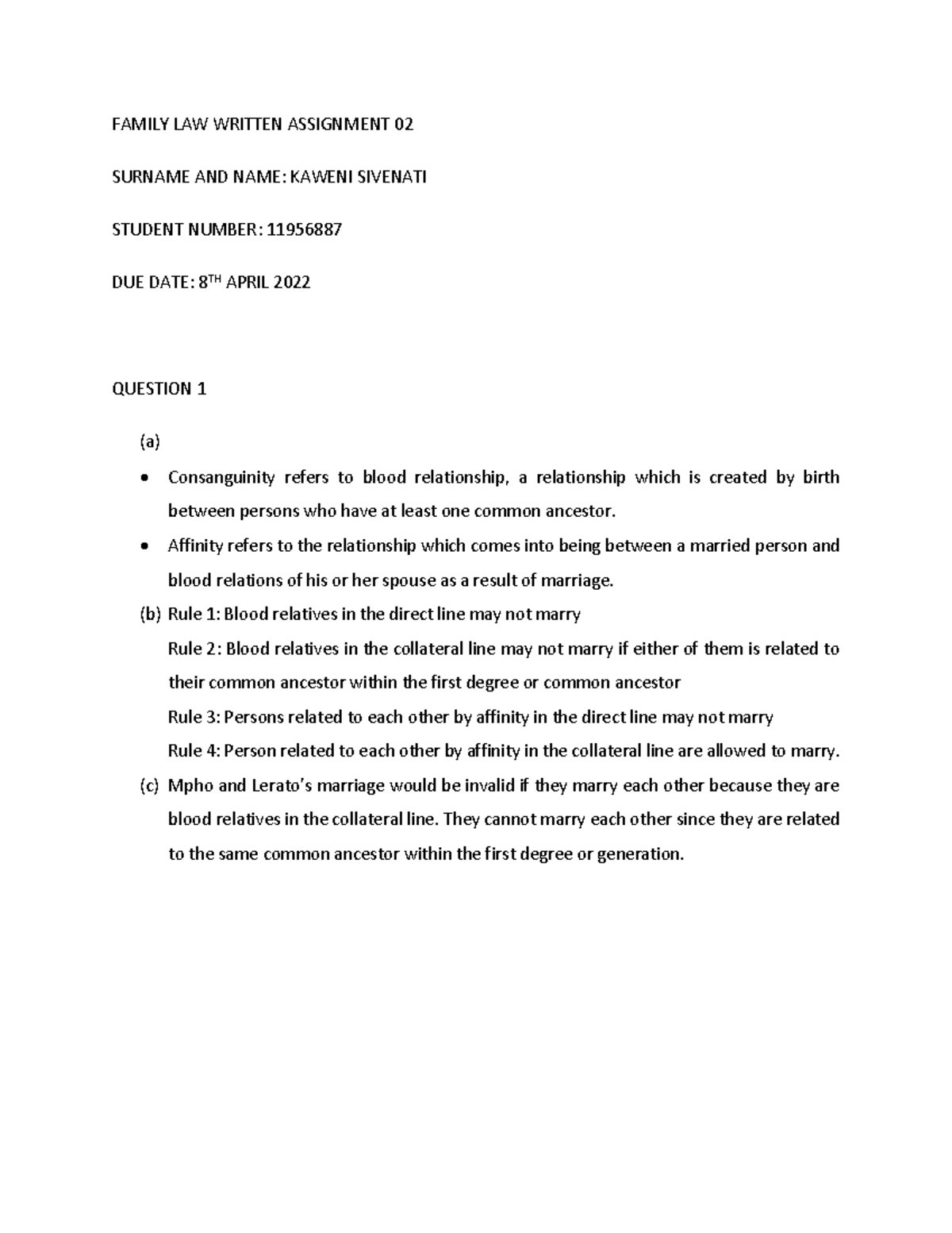 Family LAW Written Assignment 02 - FAMILY LAW WRITTEN ASSIGNMENT 02 ...