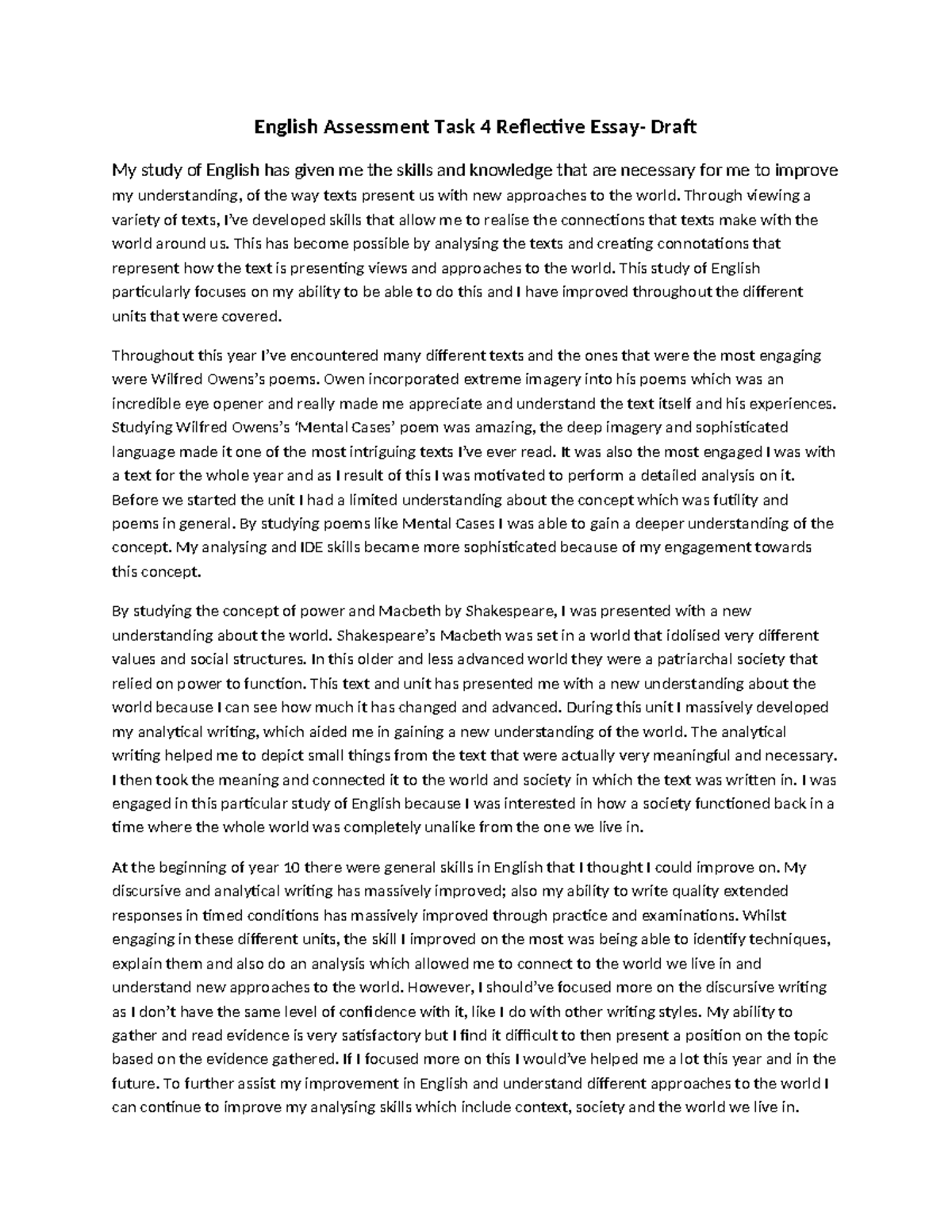 English Assessment Task 4 Reflective Essay - Through viewing a variety ...