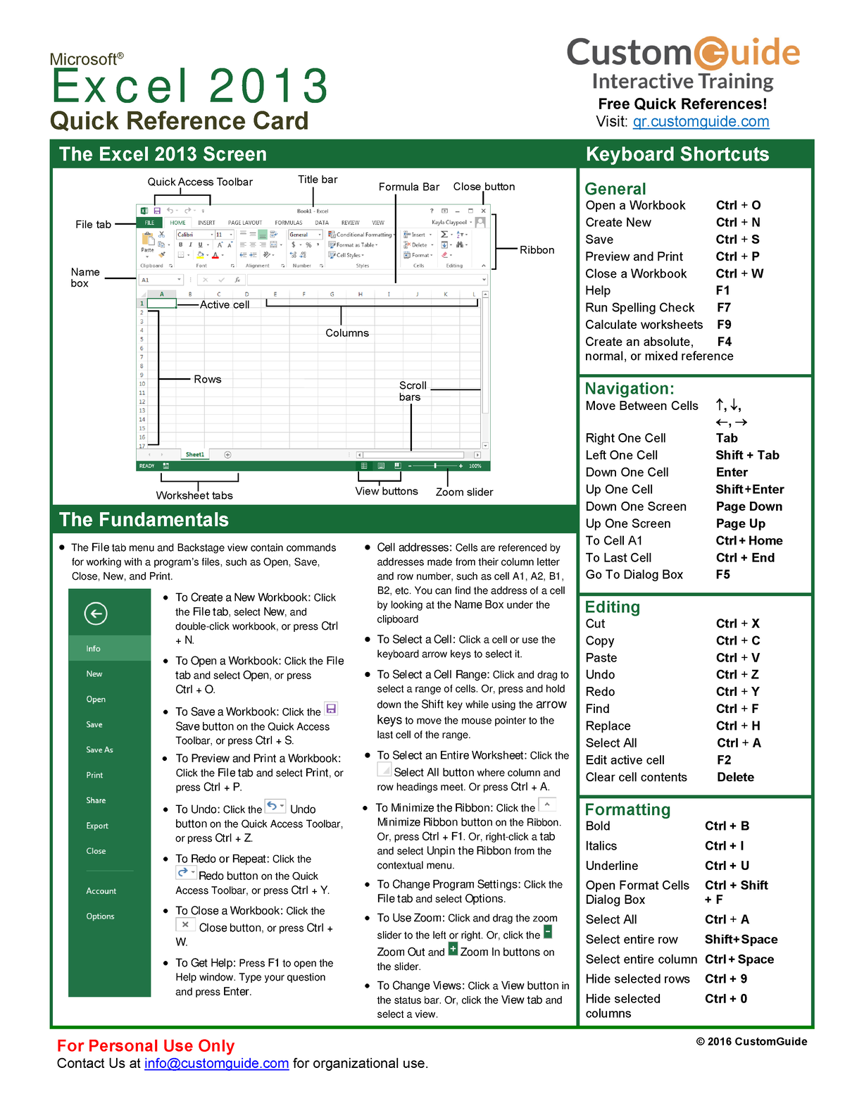 Excel 2013 Quick Reference - Microsoft® Ex c e l 2 0 1 3 Quick ...