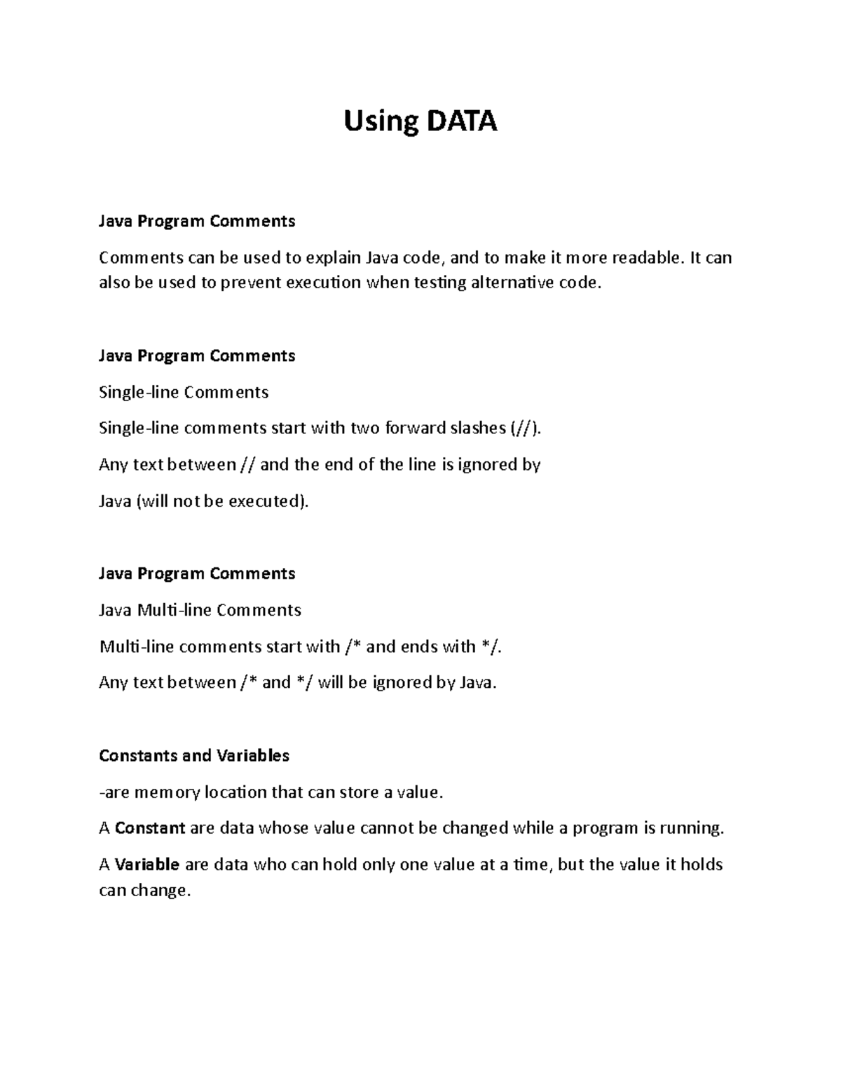 Using DATA in programming - Using DATA Java Program Comments Comments ...