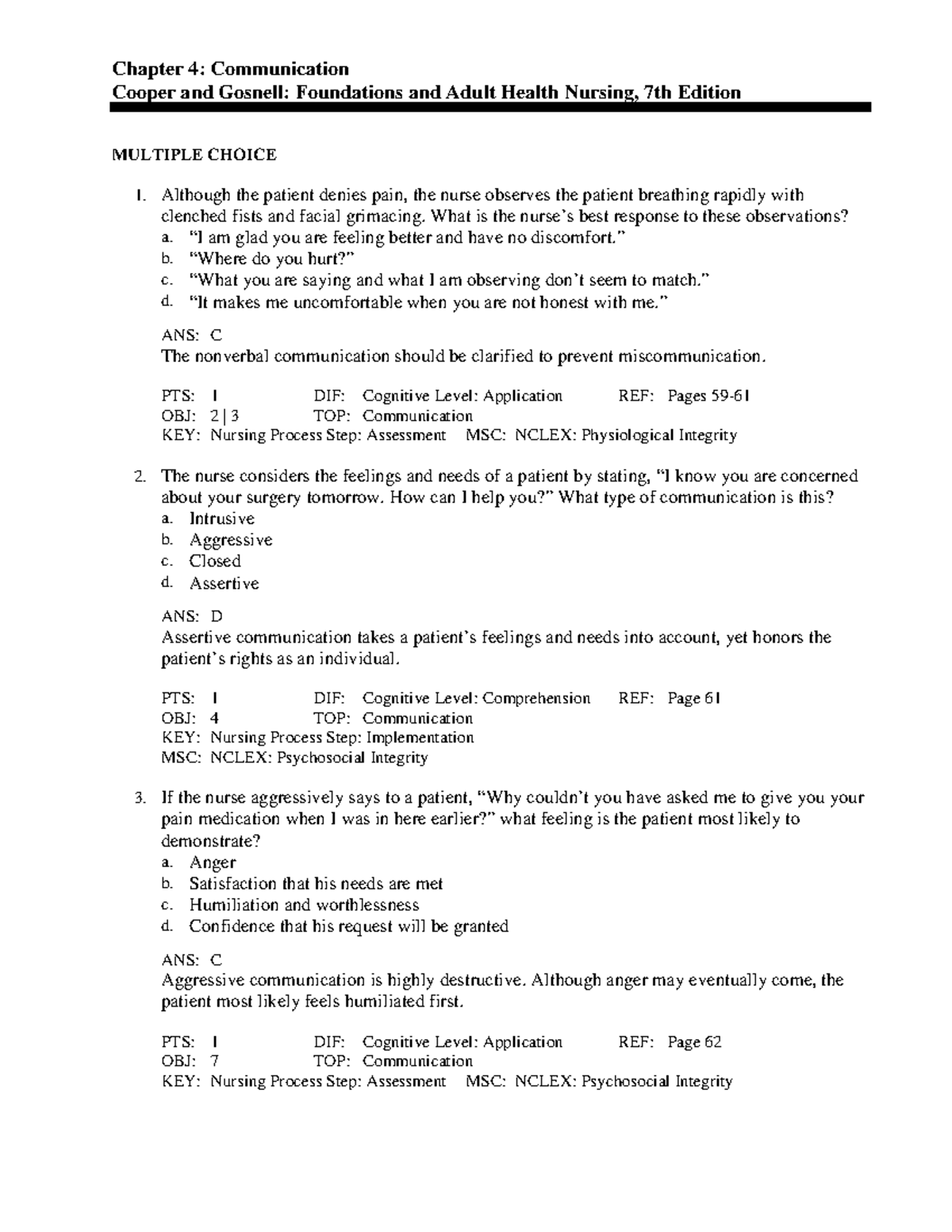 C4 - chapter practice questions - Chapter 4: Communication Cooper and ...