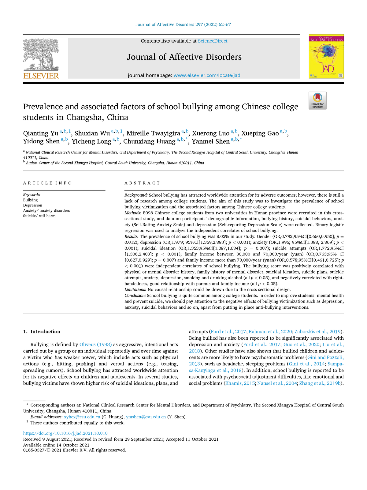 Appendix Article Imd111 - Journal Of Affective Disorders 297 (2022) 62 