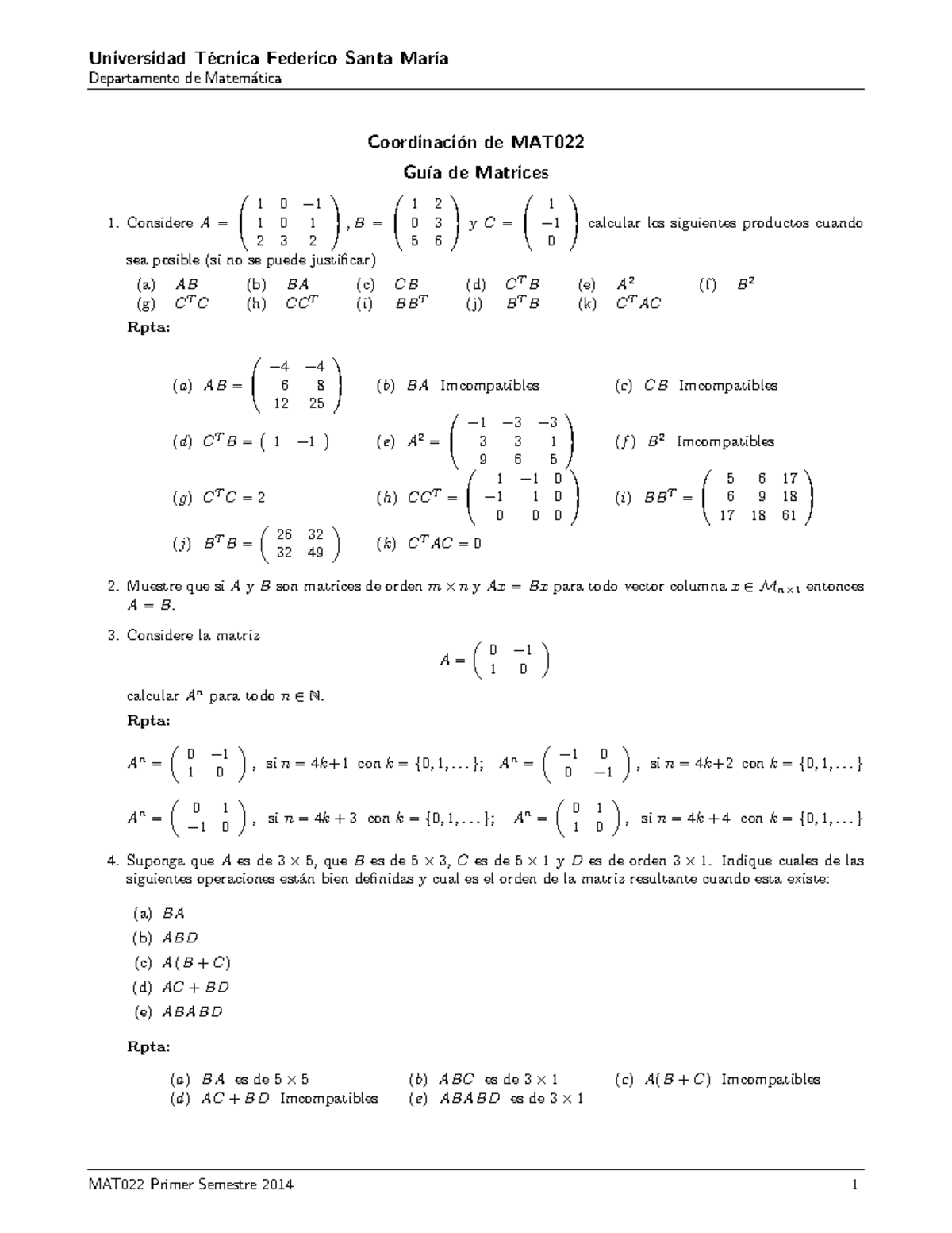 Operaciones Con Matrices Universidad T Ecnica Federico Santa Mar a 