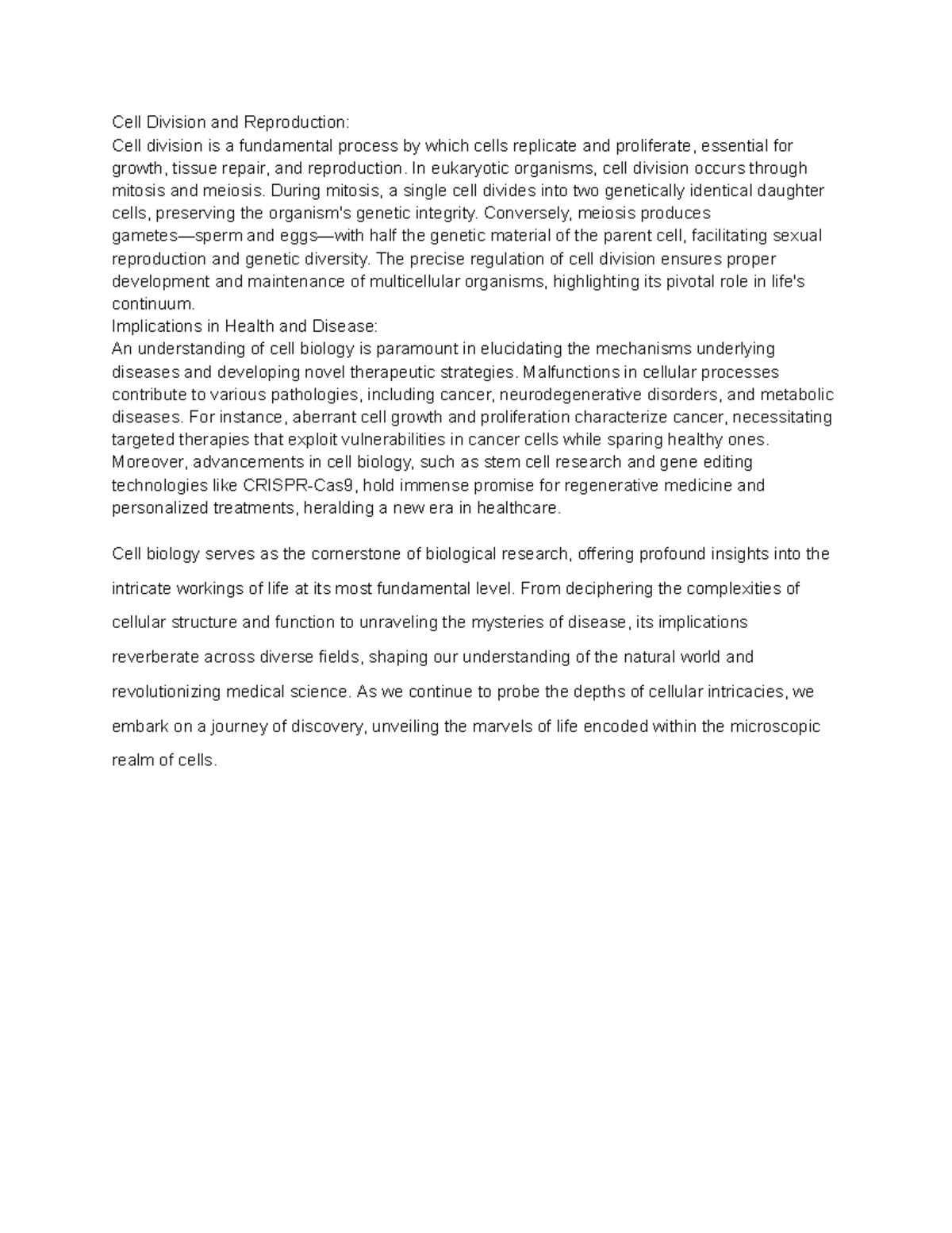 Cell bio-2 - Cell bio notes - Cell Division and Reproduction: Cell ...