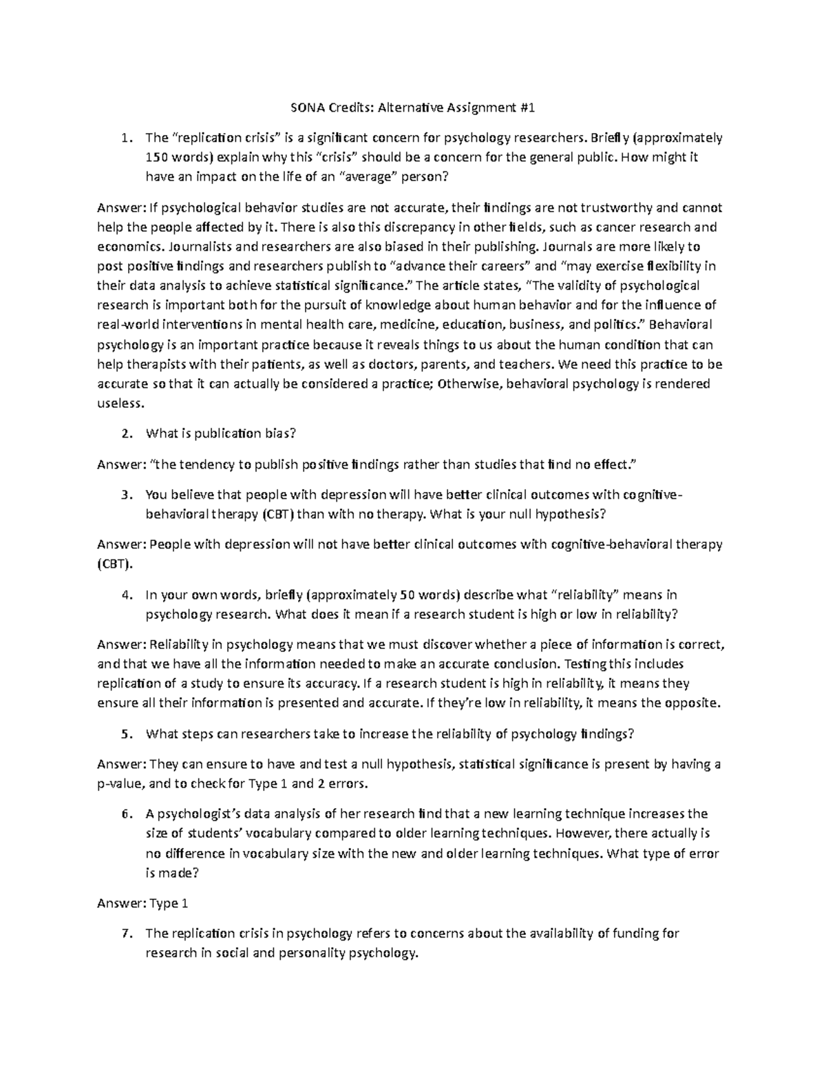 Psych 1000 SONA Credits Assignment 1 SONA Credits Alternative