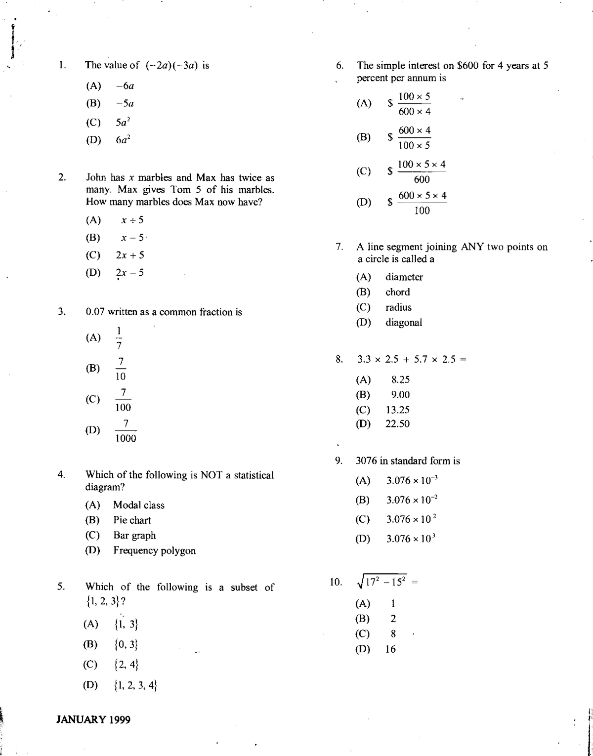 CSEC January 1999 Mathematics P1 - i l ' I. The value of (-2a)(-3a) is ...