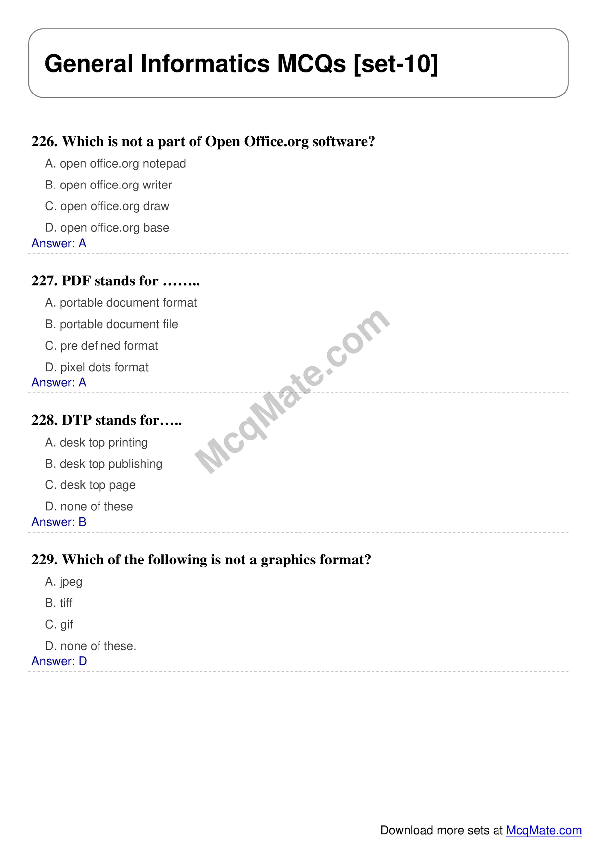 General Informatics Solved MCQs [set-10] Mcq Mate.com - McqMate General ...