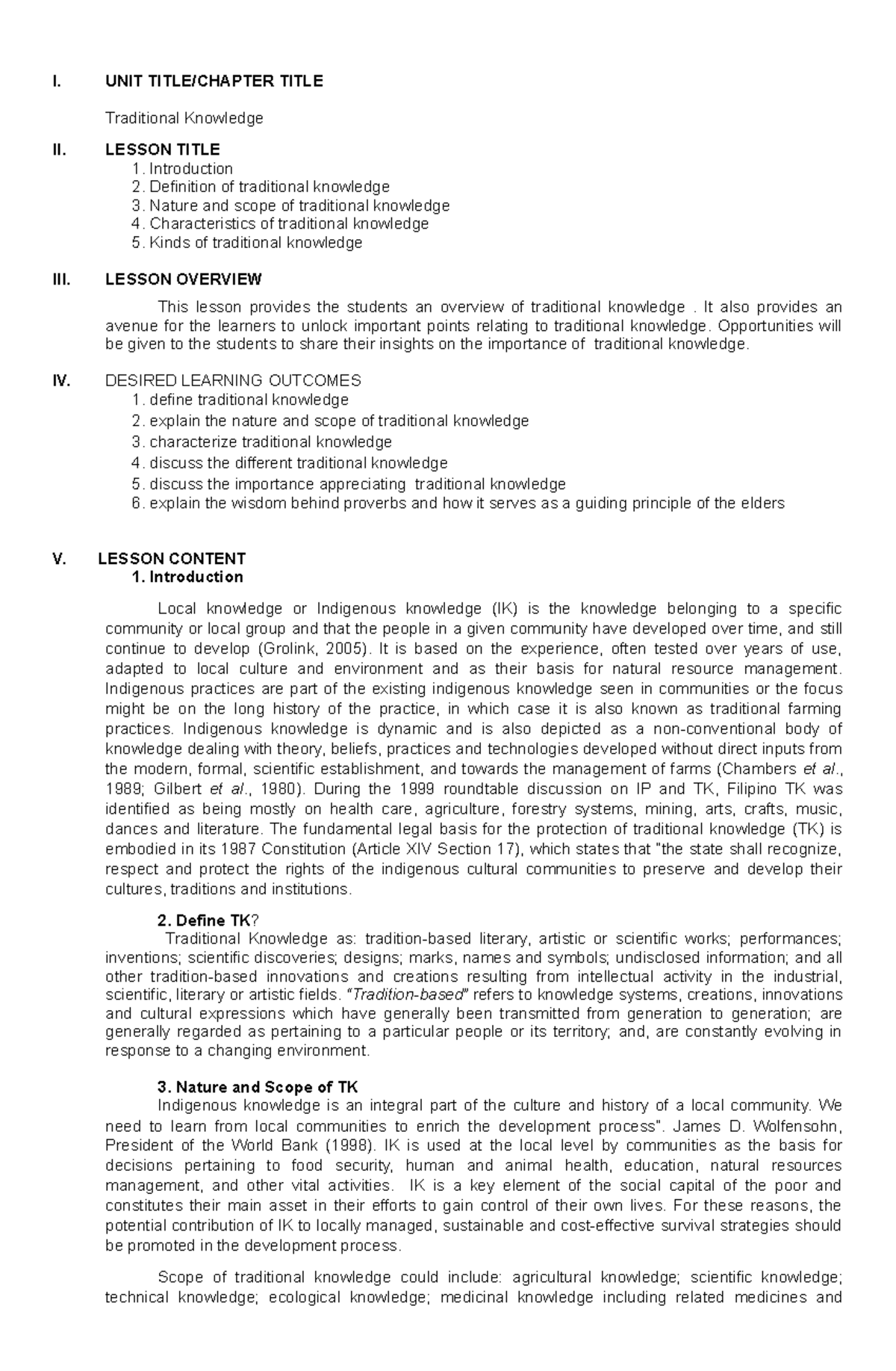 PIC Module 6 Traditional Knowledge - I. UNIT TITLE/CHAPTER TITLE ...