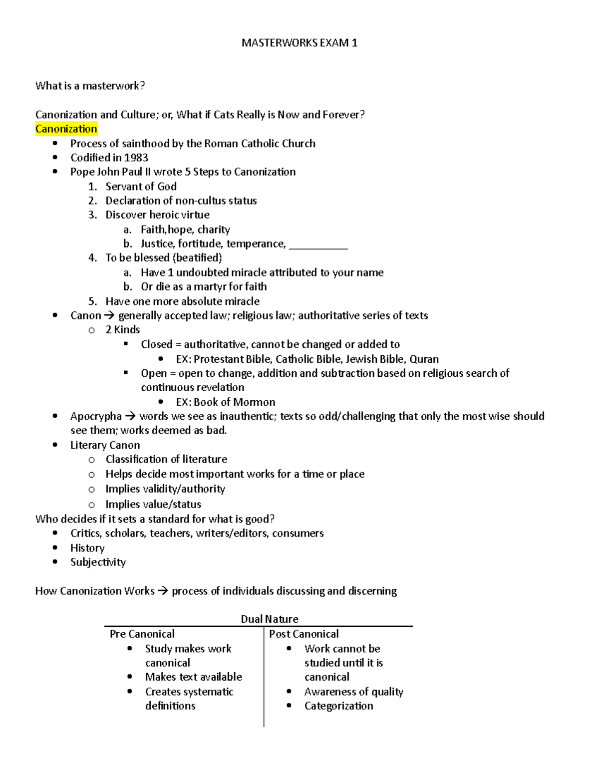 Masterworks EXAM 1 Review MASTERWORKS EXAM 1 What is a masterwork? Canonization and Culture