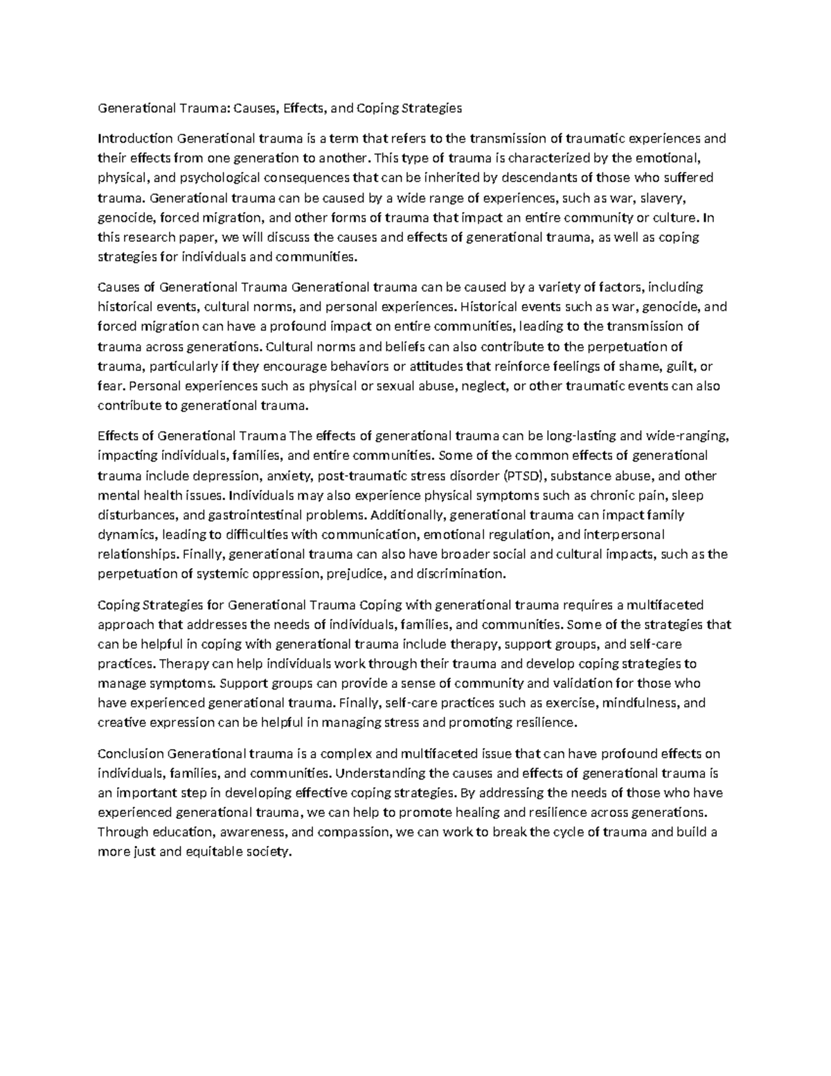 Research Paper Generational Trauma - Generational Trauma: Causes ...